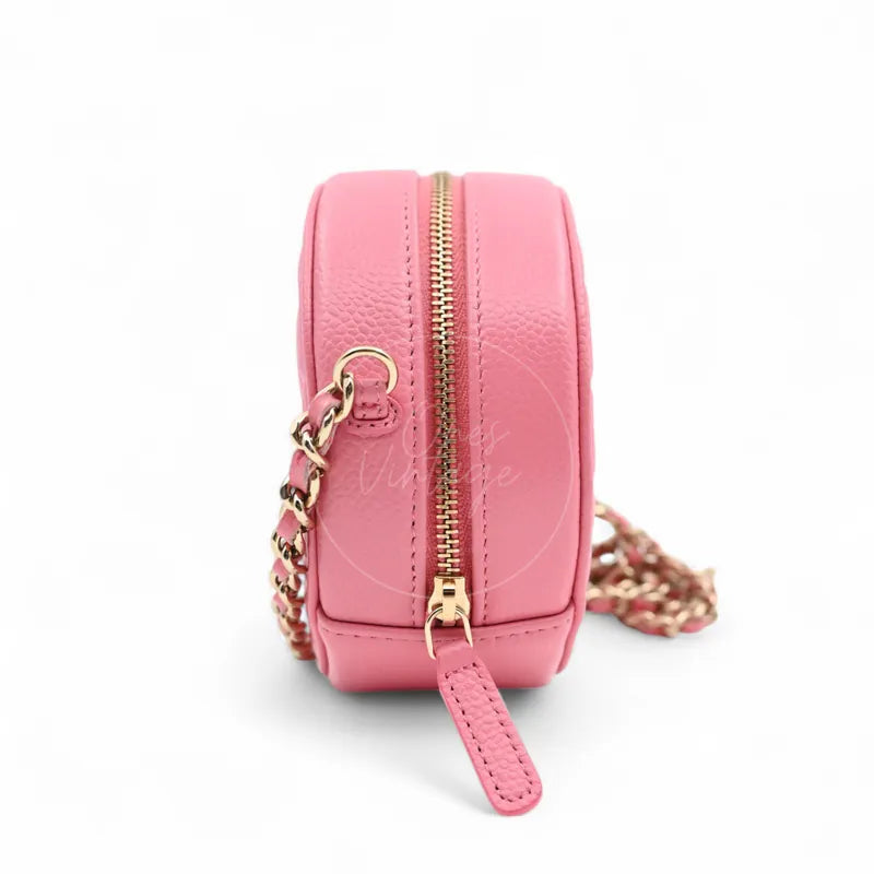 Chanel round clutch bag in pink camellia-embossed caviar leather with gold hardware, Series 29, right side profile and zipper pull