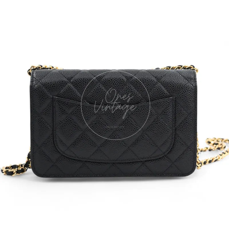Chanel Wallet on Chain in black quilted caviar leather with gold hardware, Series 22, rear view with Mona Lisa pocket