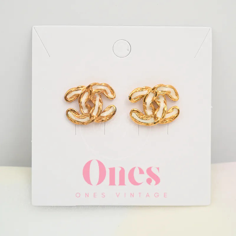 Chanel CC Logo Earrings in gold-plated, featuring pair of interlocking CC logo earrings and textured ridged surface, front view