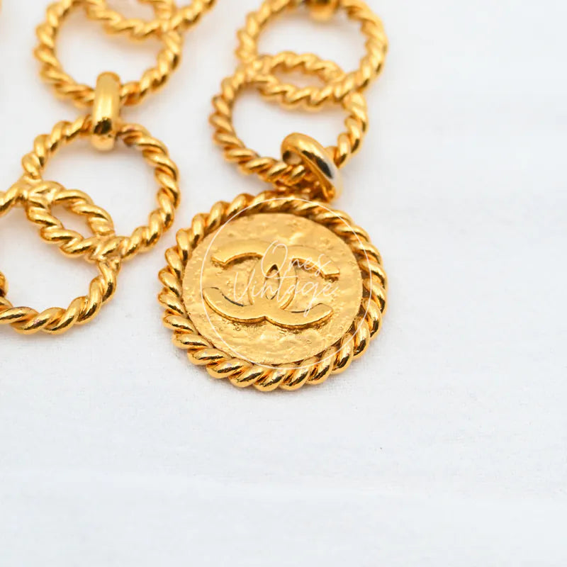 Chanel Chain Loop Medallion Waist Belt, round medallion pendant and twisted rope-textured border detail