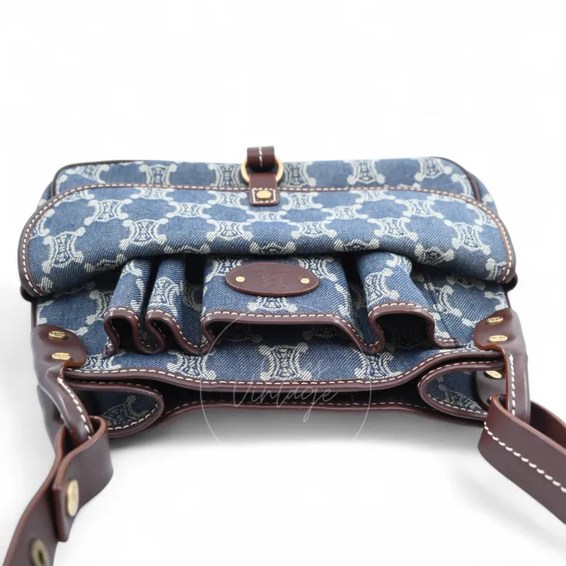 Celine Macadam Shoulder Bag in blue denim with gold-tone hardware, featuring monogram canvas and leather trim, front view