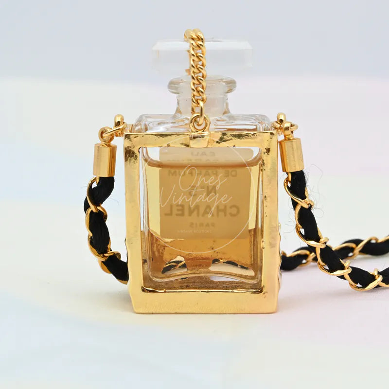 Chanel Perfume Eau De Parum No.5 24K Plated Necklace in 24K gold plated, featuring rectangular perfume-bottle pendant, front view