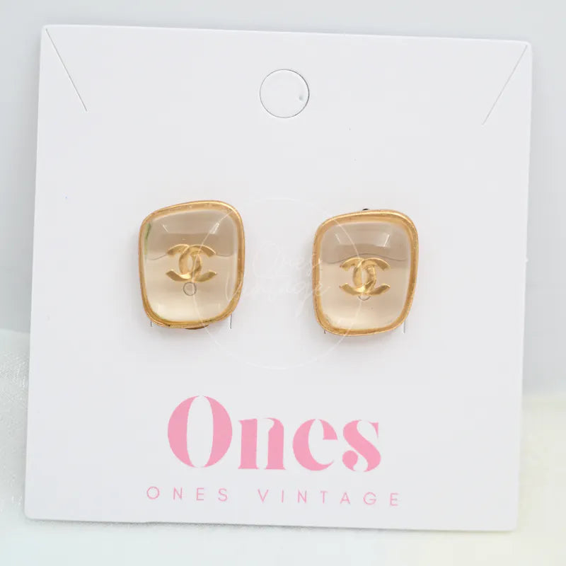 Chanel Vintage Clear Rectangle CC Logo Earrings in glaze alloy metal, featuring interlocking CC logo motifs, front view