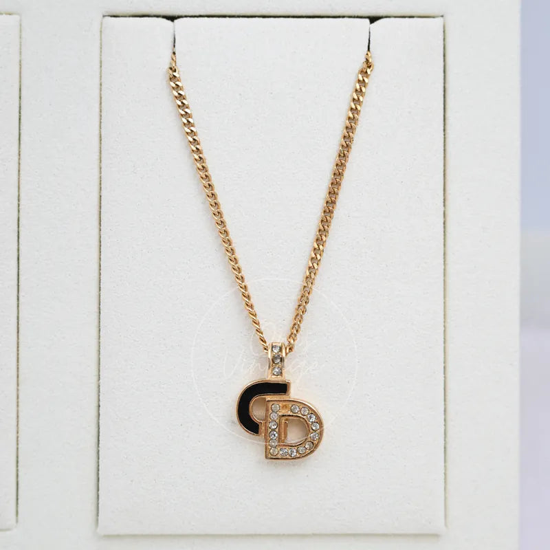 Dior Rhinestone-embellished CD logo Necklace in alloy metal and crystal, featuring interlocking CD pendant and rhinestone accents, front view