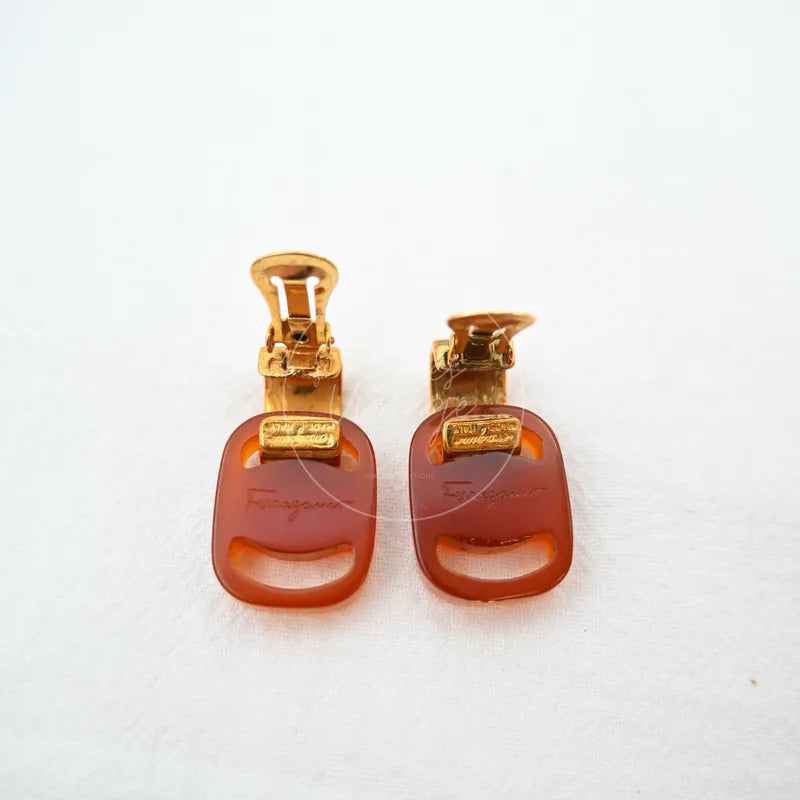 Salvatore Ferragamo Signed Earrings in metal and resin, featuring clip-on earring closures and rectangular resin components, back view