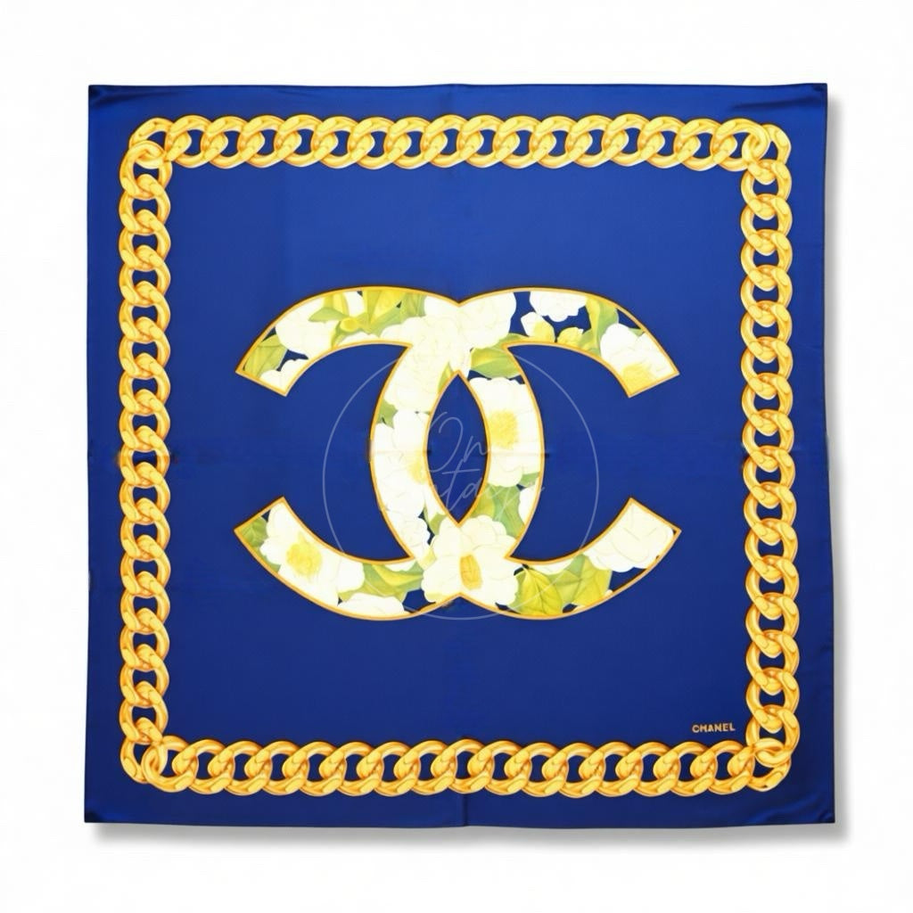 Chanel CC Mark Camellia With Gold Chain Pattern Square Scarf
