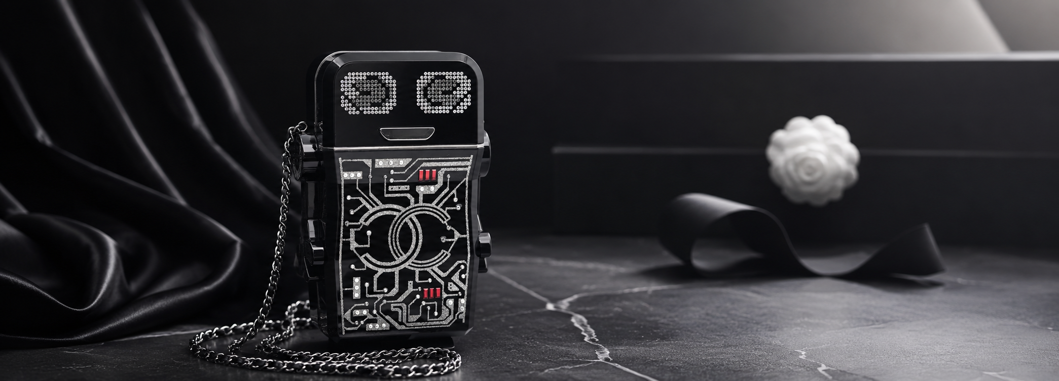 black robot-shaped luxury handbag with crystal embellishments and chain strap displayed in an elegant black setting
