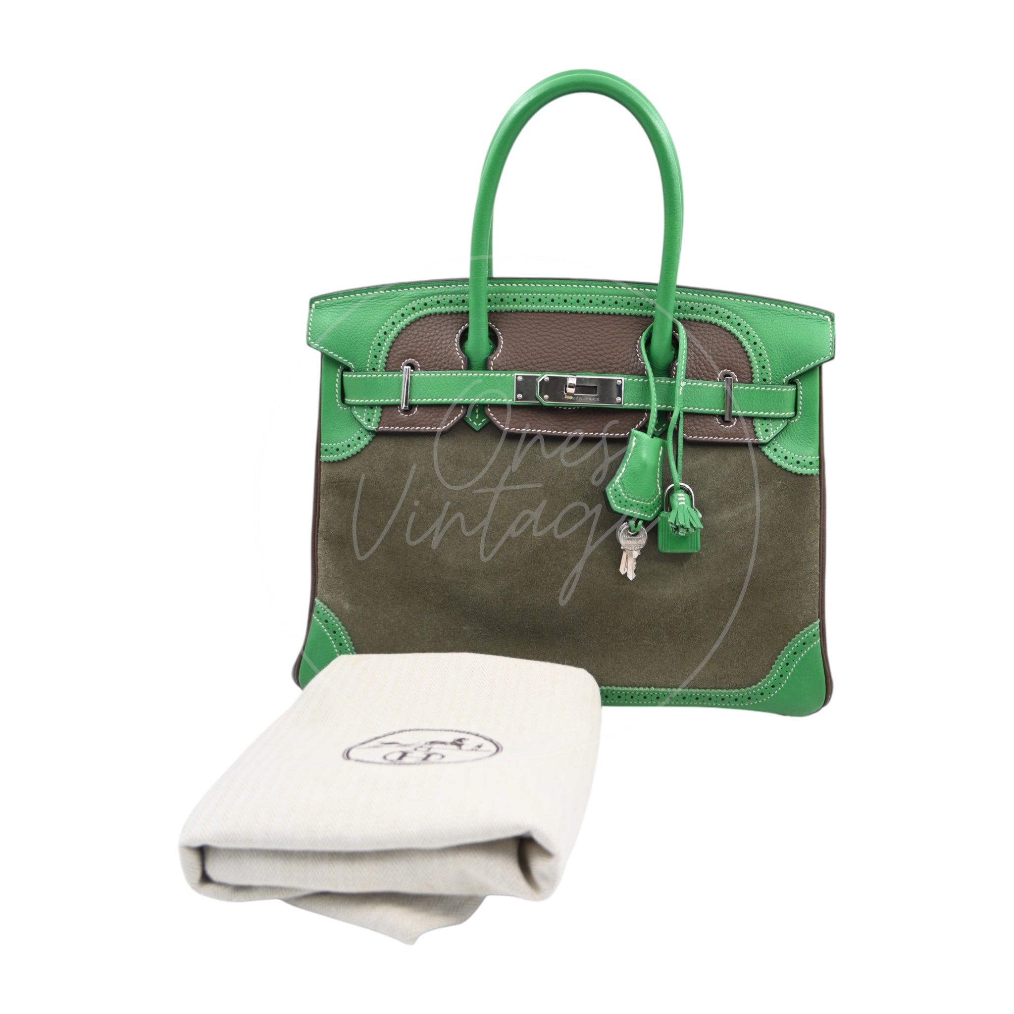 Hermes Birkin 30 Doblis PHW Bambou, Vert de Gris and Taupe Stamp T
