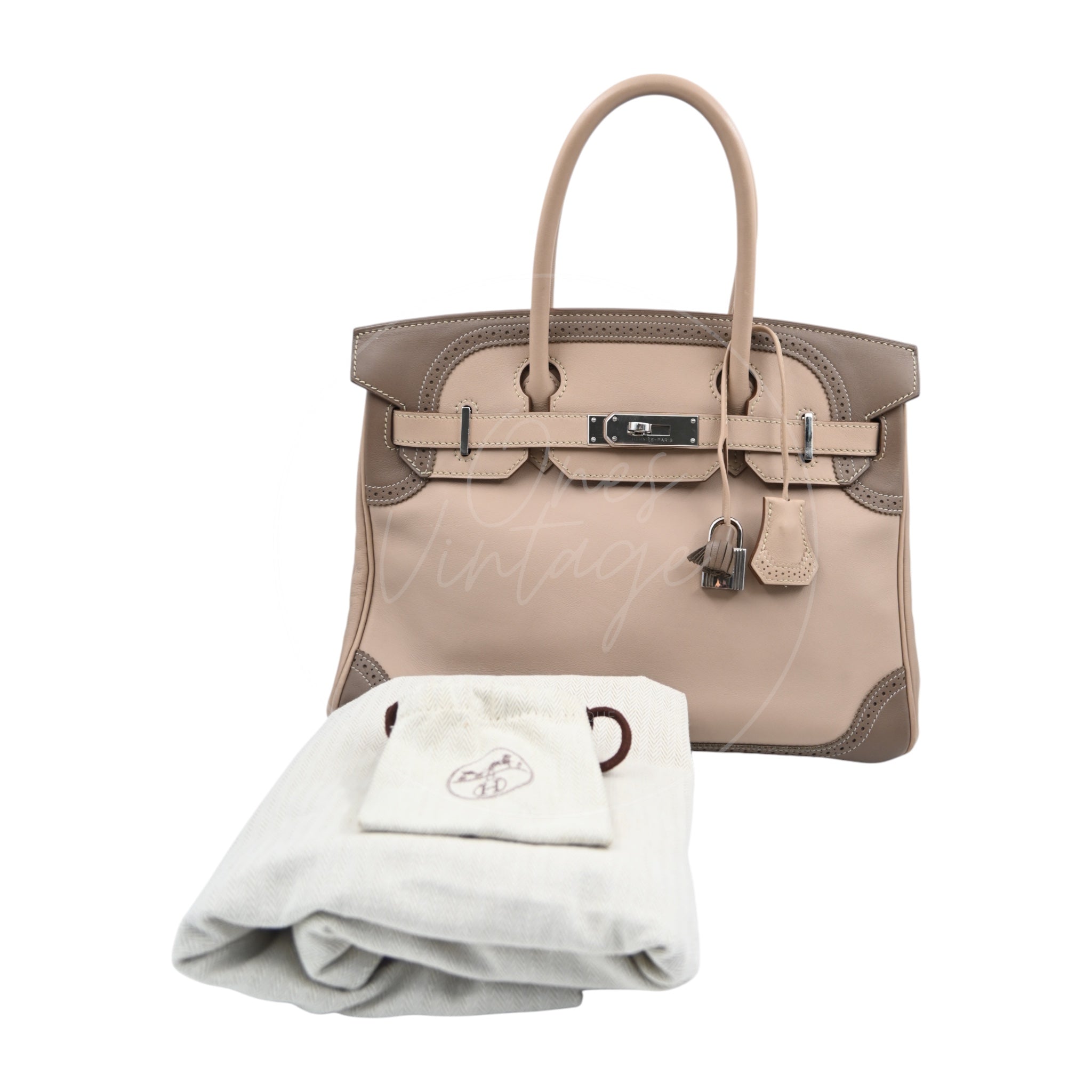 Hermes Birkin 30 Lace Ghillies Bag PHW Argile and Etoupe Square P