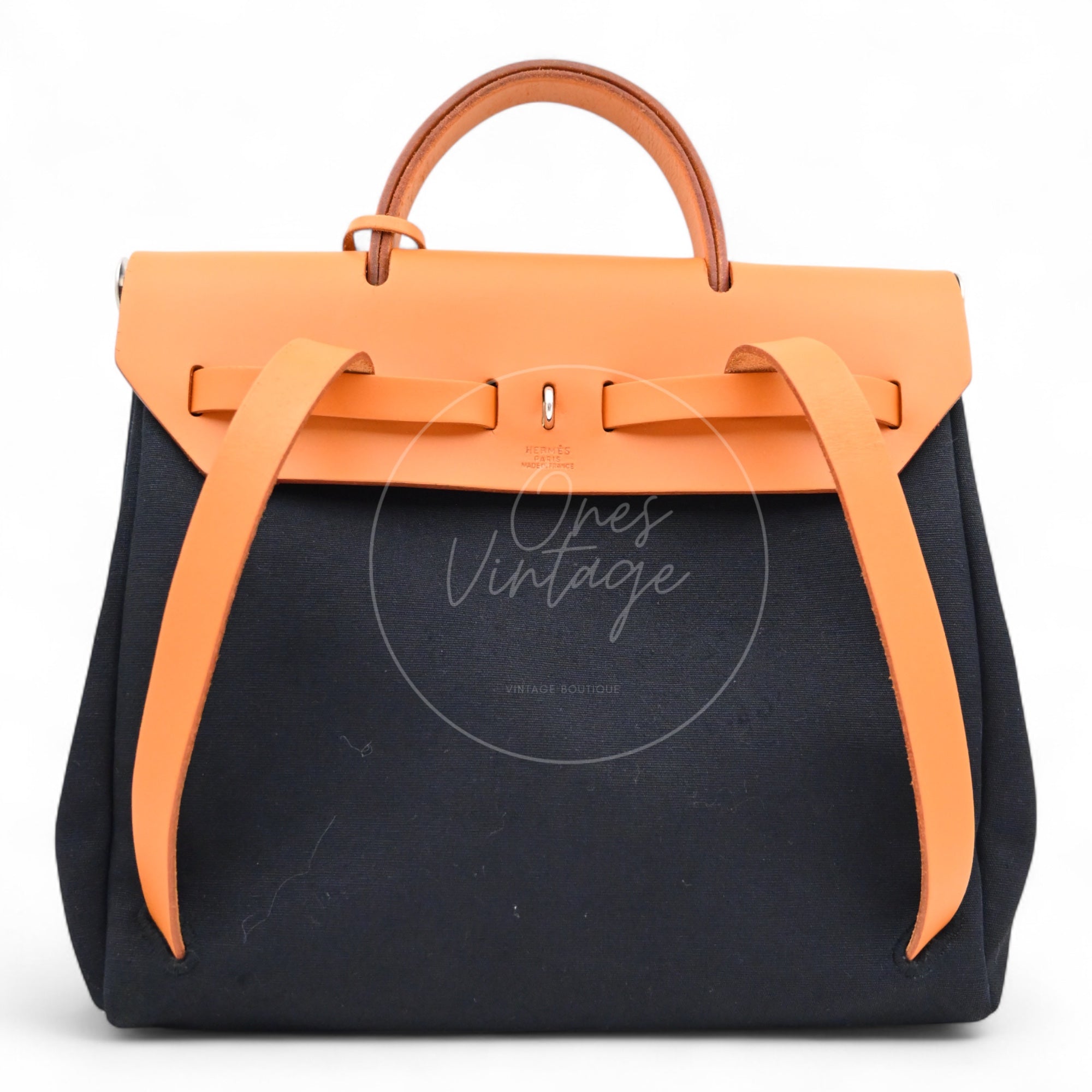 Hermes Herbag Backpack Swift PHW Black Tolie & Brown Square G