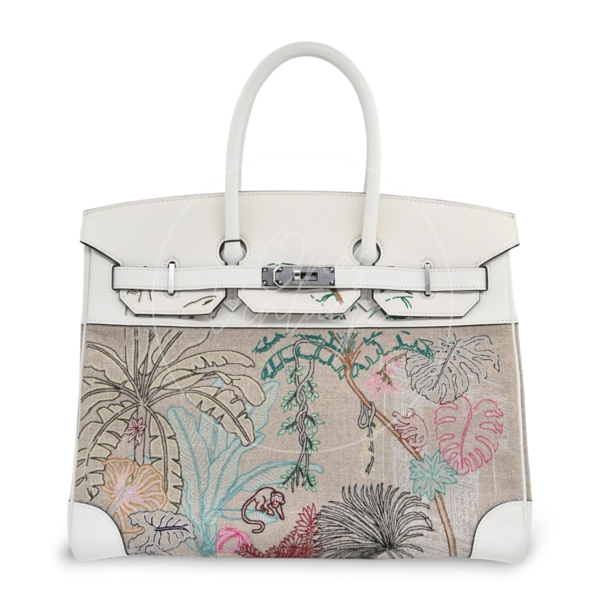 Hermes Birkin 35 Faubourg Tropical Embroidered Toile de Camp Swift PHW White Stamp U