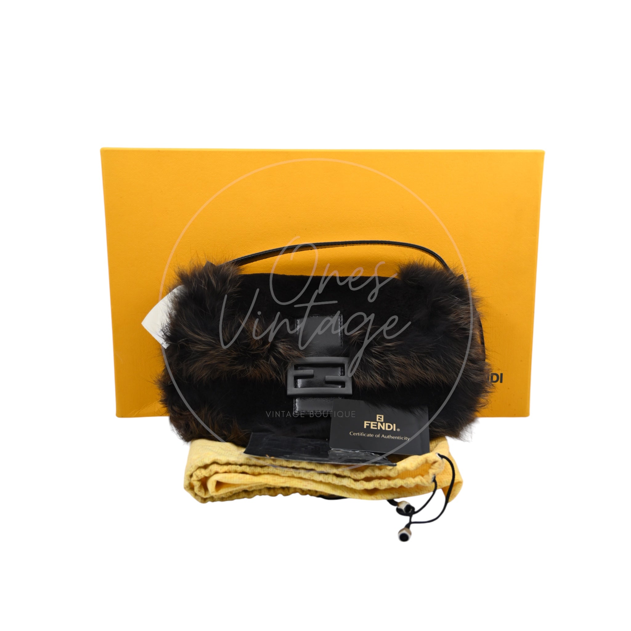 Fendi Fur Baguette Handbag PHW Black Brown