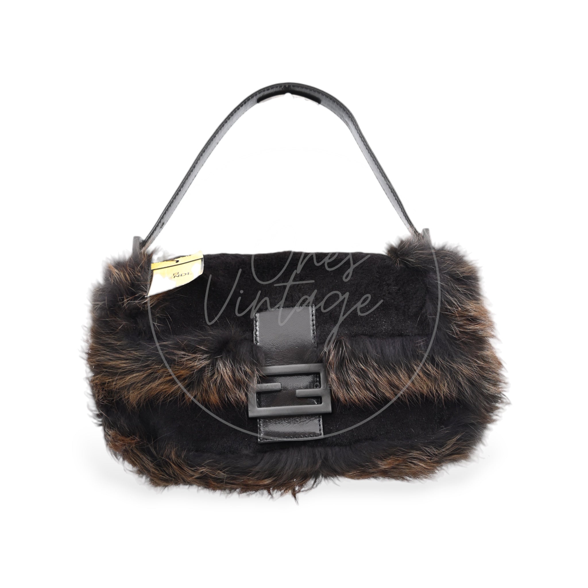 Fendi Fur Baguette Handbag PHW Black Brown