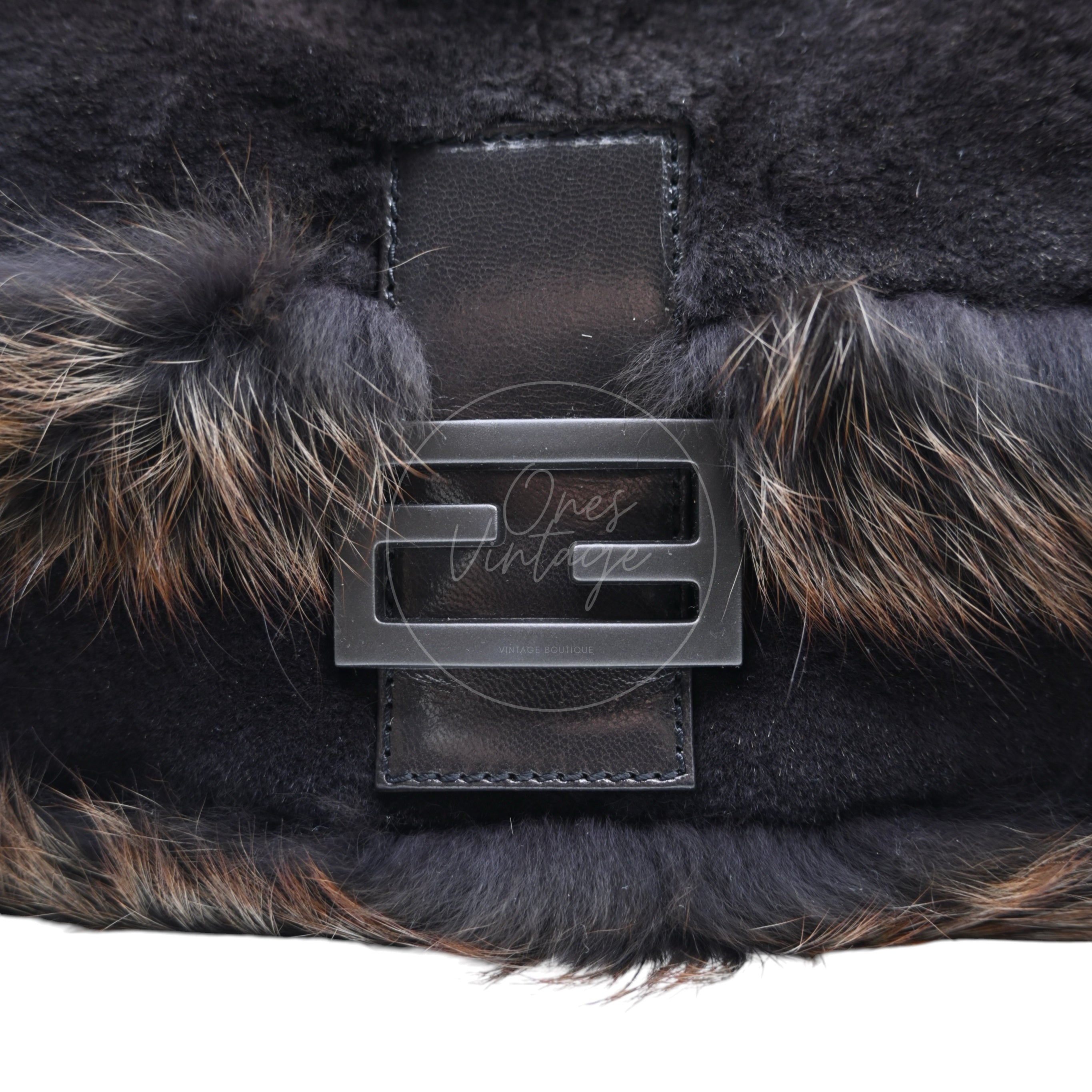 Fendi Fur Baguette Handbag PHW Black Brown