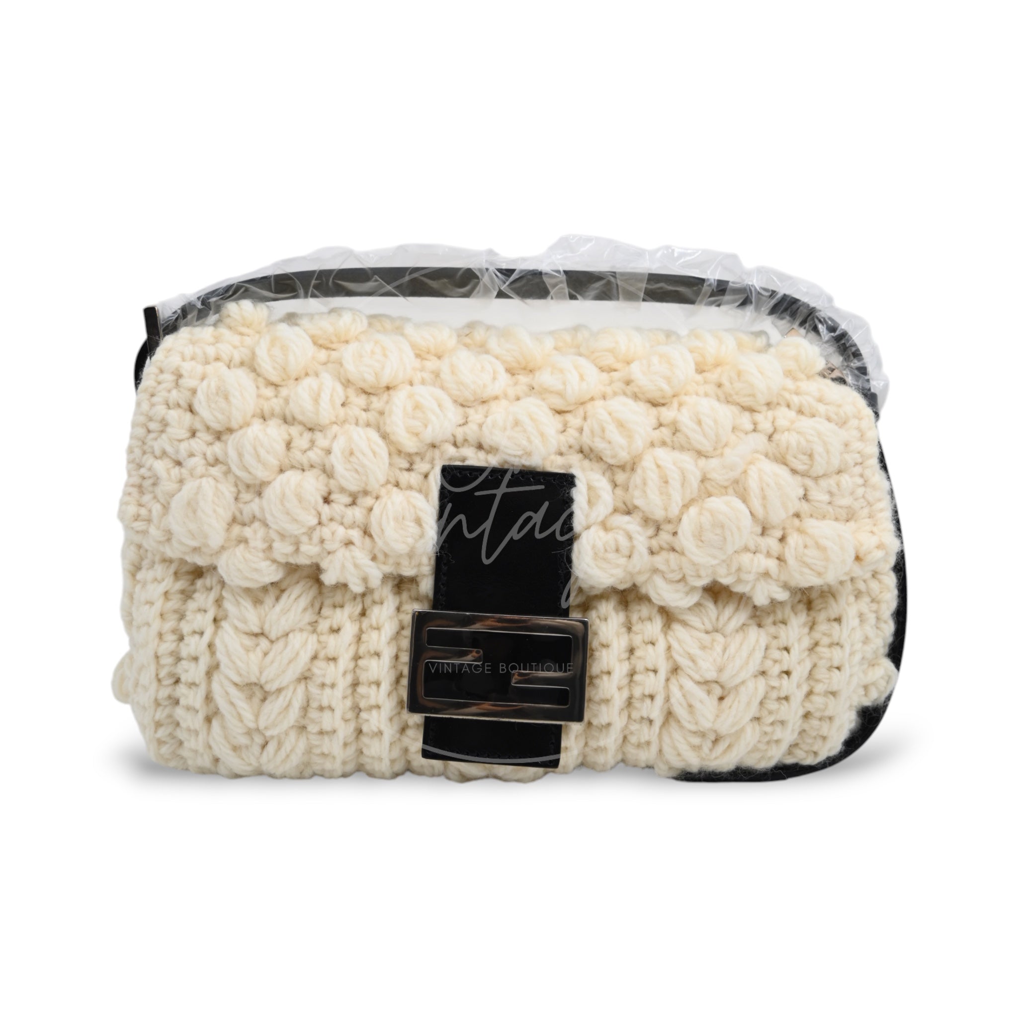 Fendi Mamma Baguette Knit Wool Handbag PHW White