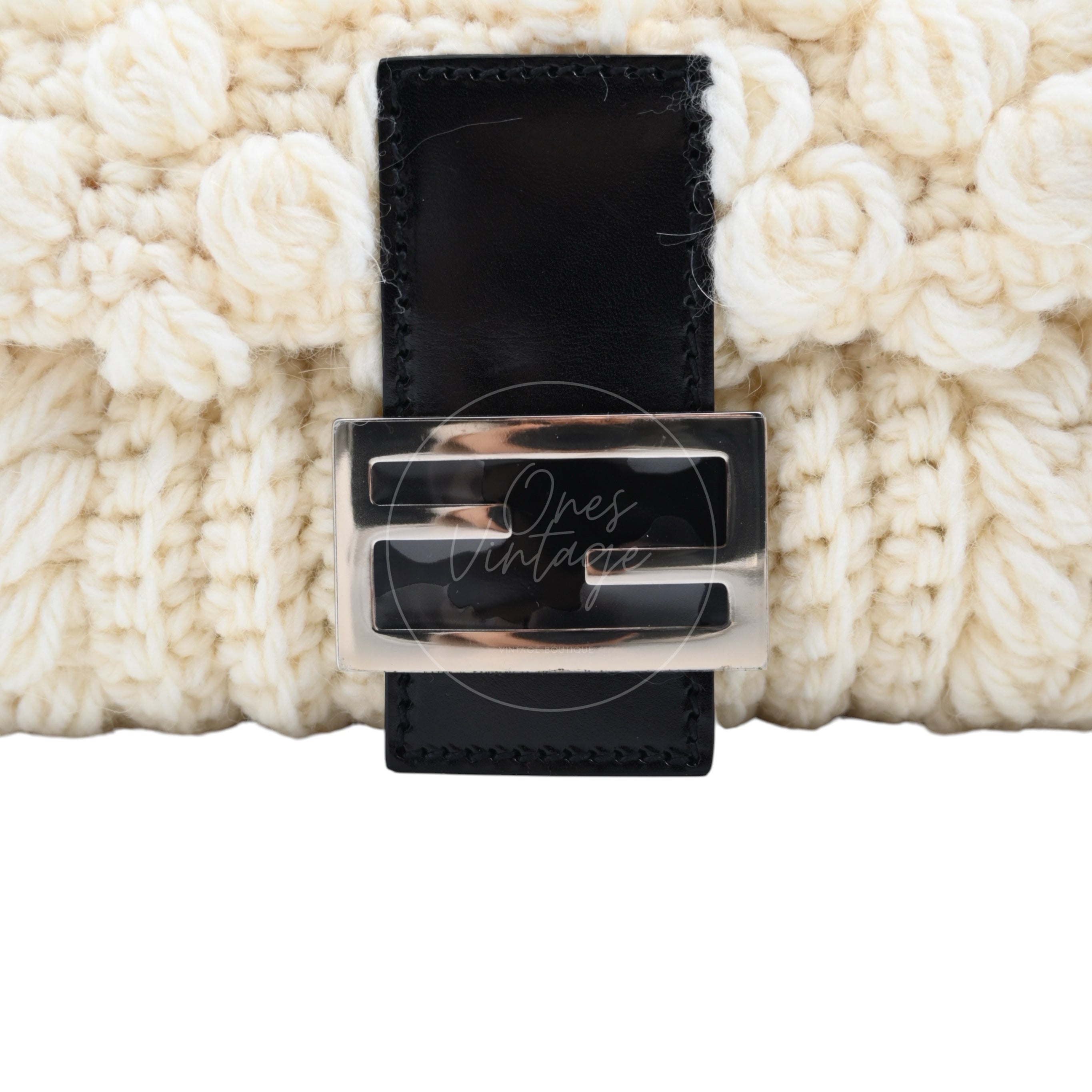 Fendi Mamma Baguette Knit Wool Handbag PHW White