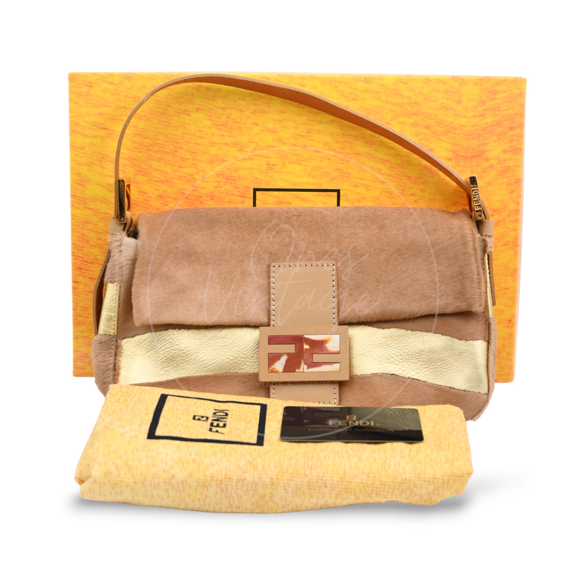 Fendi Pony Hair Baguette Shoulder Bag PHW Brown & Gold