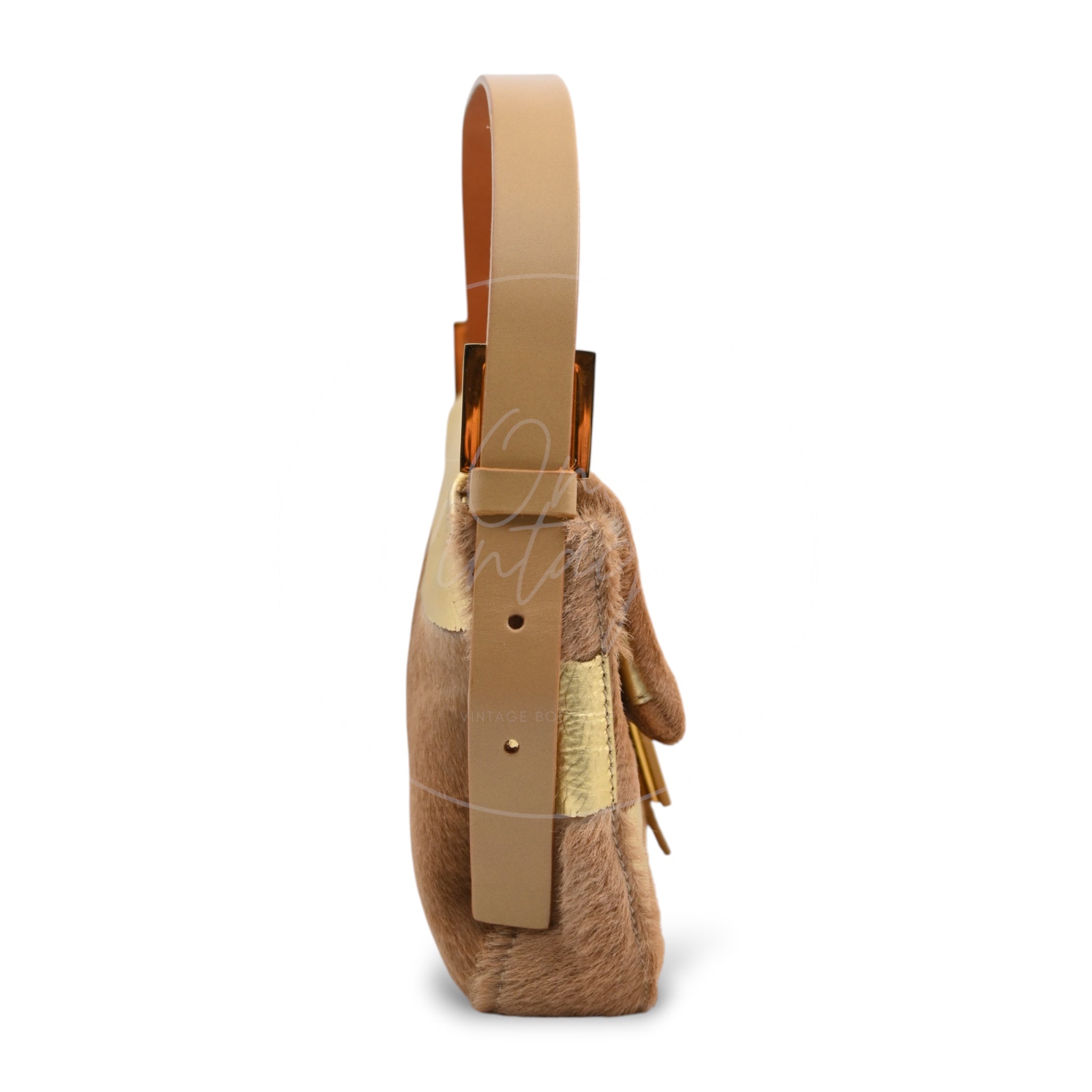Fendi Pony Hair Baguette Shoulder Bag PHW Brown & Gold