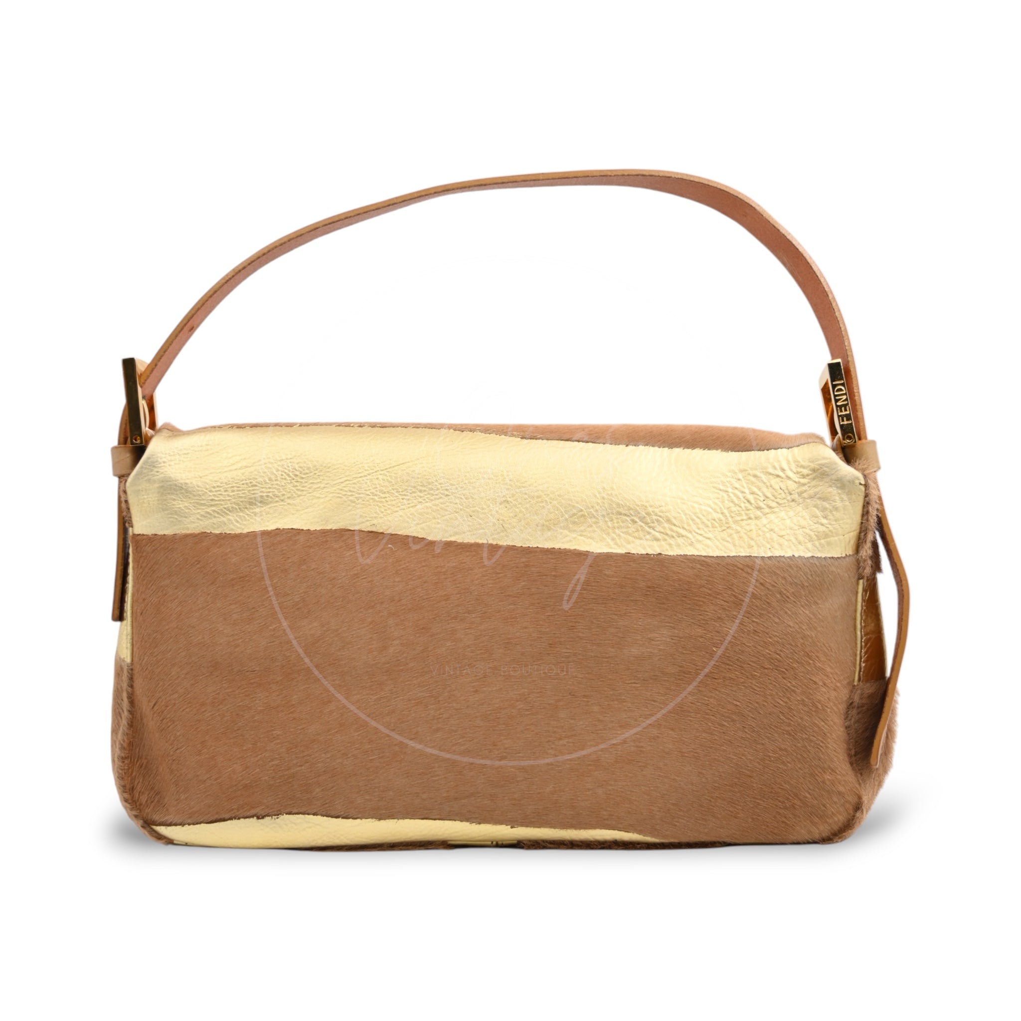 Fendi Pony Hair Baguette Shoulder Bag PHW Brown & Gold