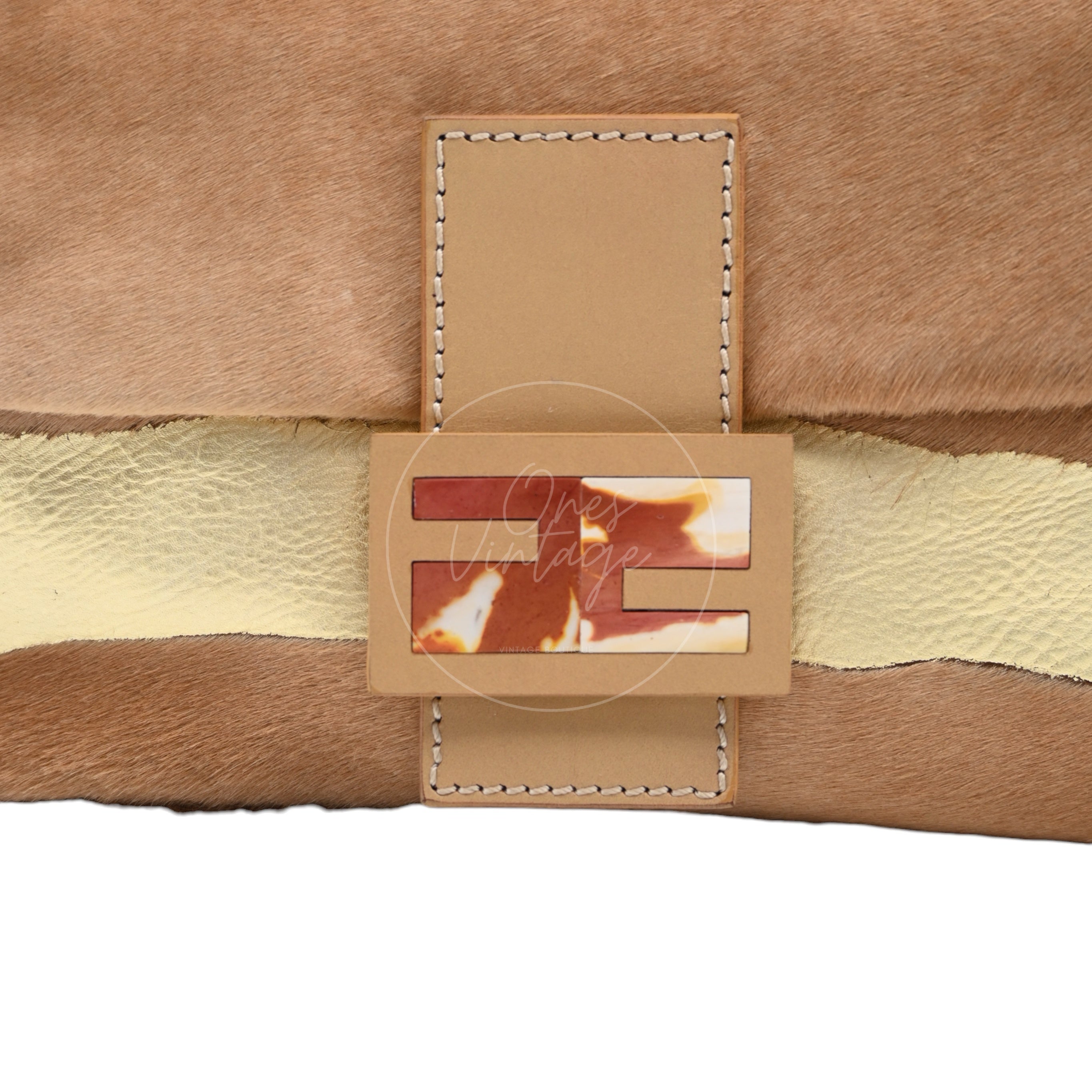 Fendi Pony Hair Baguette Shoulder Bag PHW Brown & Gold