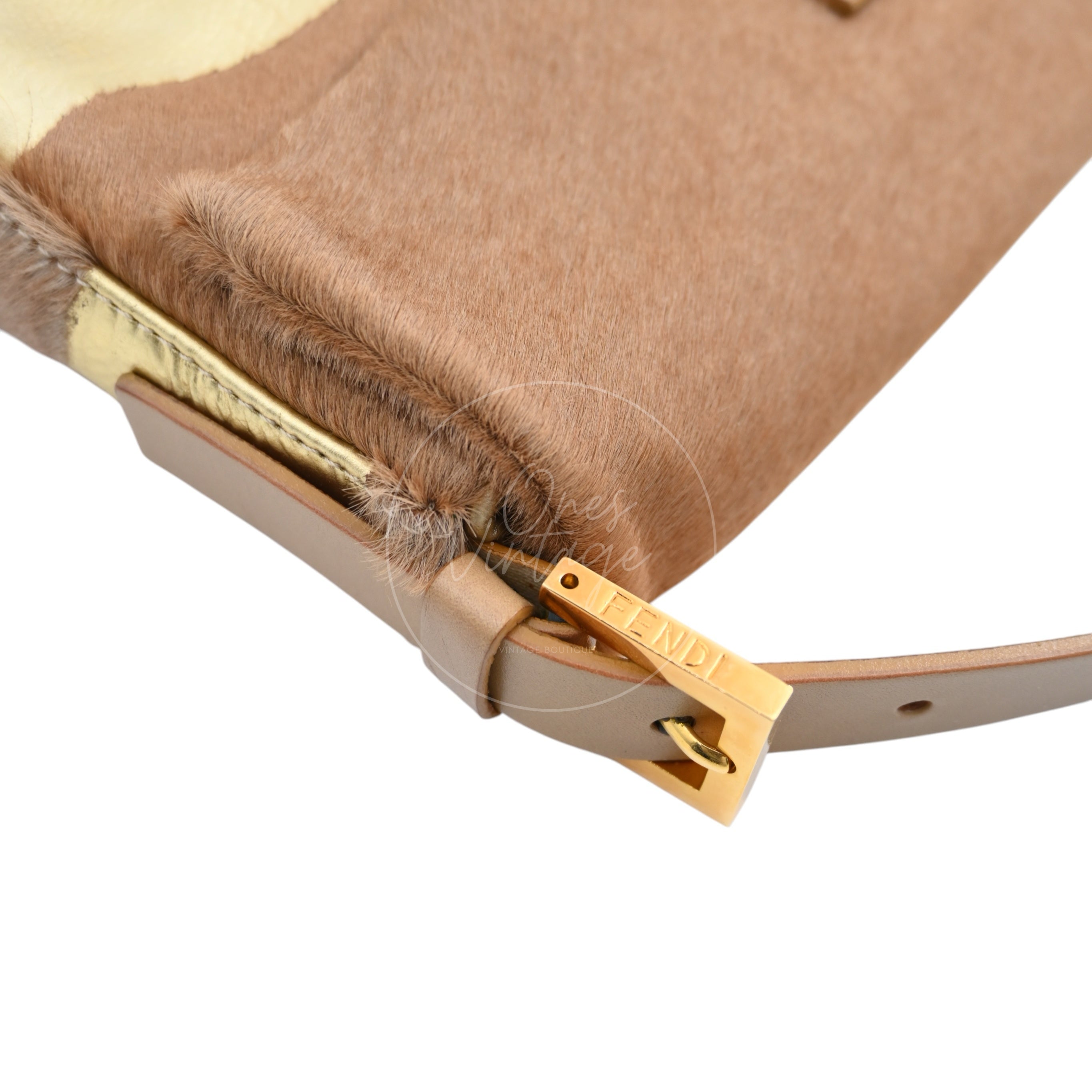 Fendi Pony Hair Baguette Shoulder Bag PHW Brown & Gold