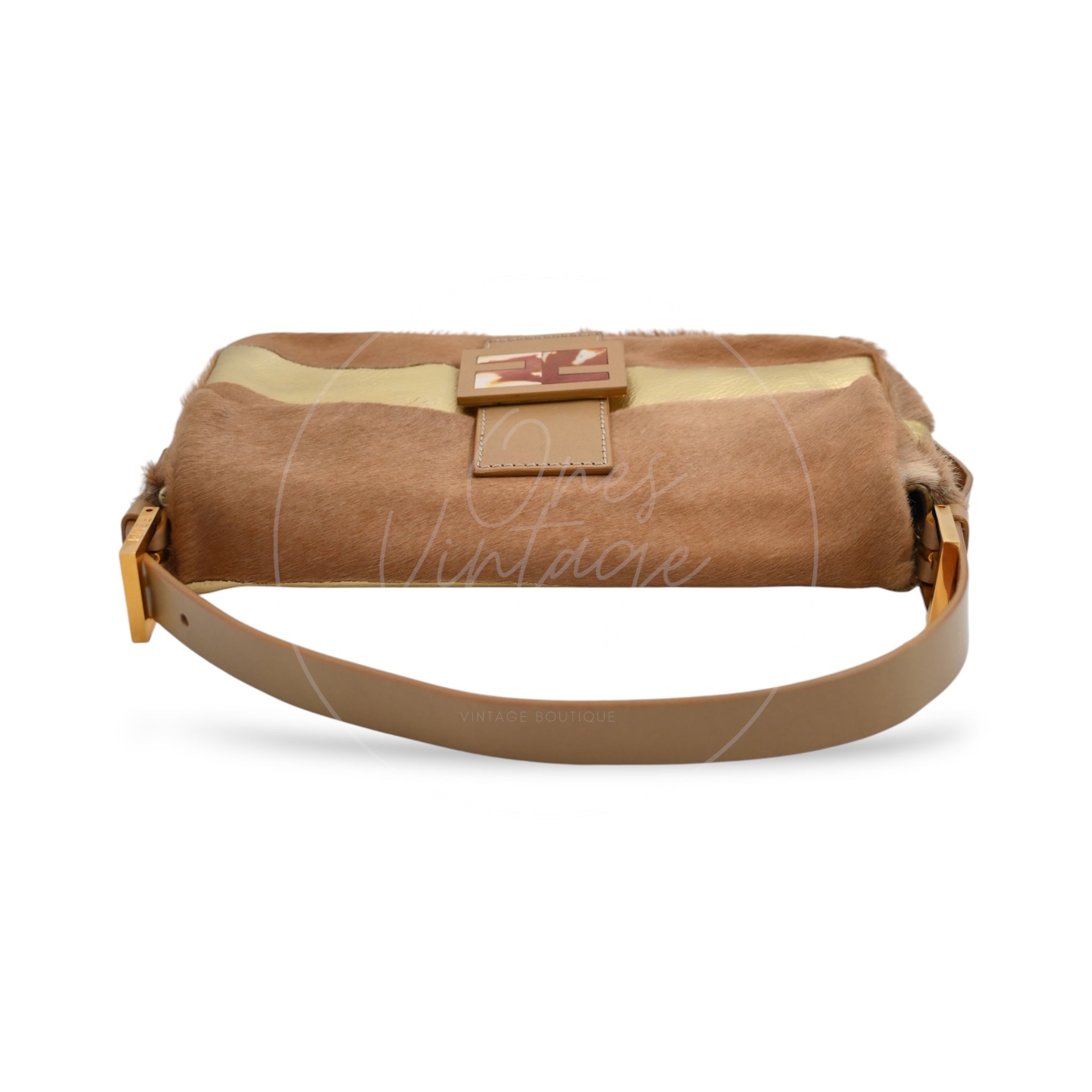 Fendi Pony Hair Baguette Shoulder Bag PHW Brown & Gold