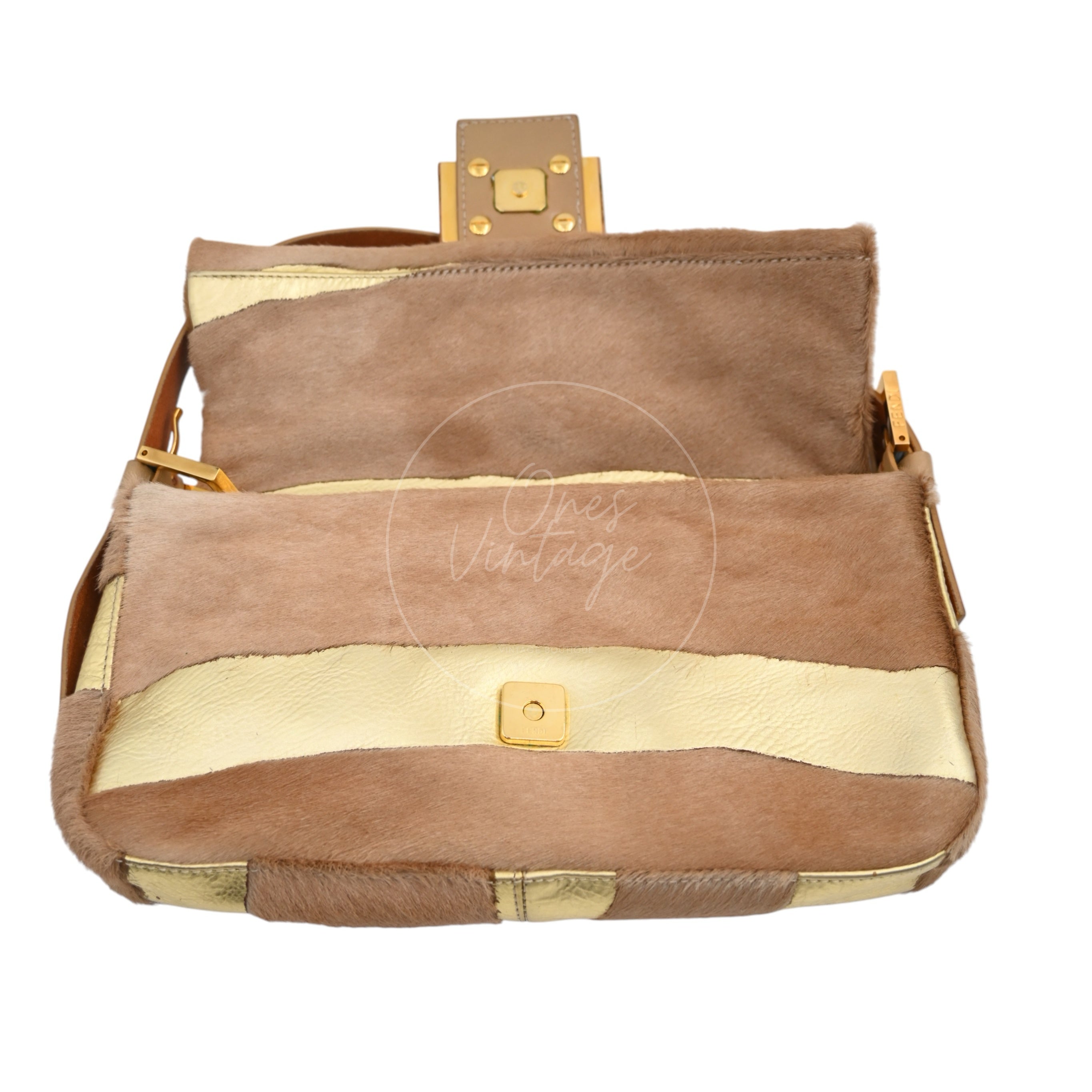 Fendi Pony Hair Baguette Shoulder Bag PHW Brown & Gold