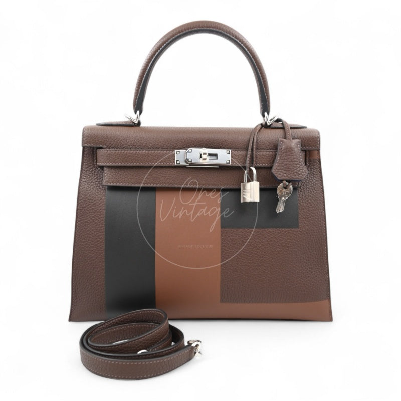 Hermes Kelly 28 PHW Vert Bronze and Brulée Sombrero Stamp D