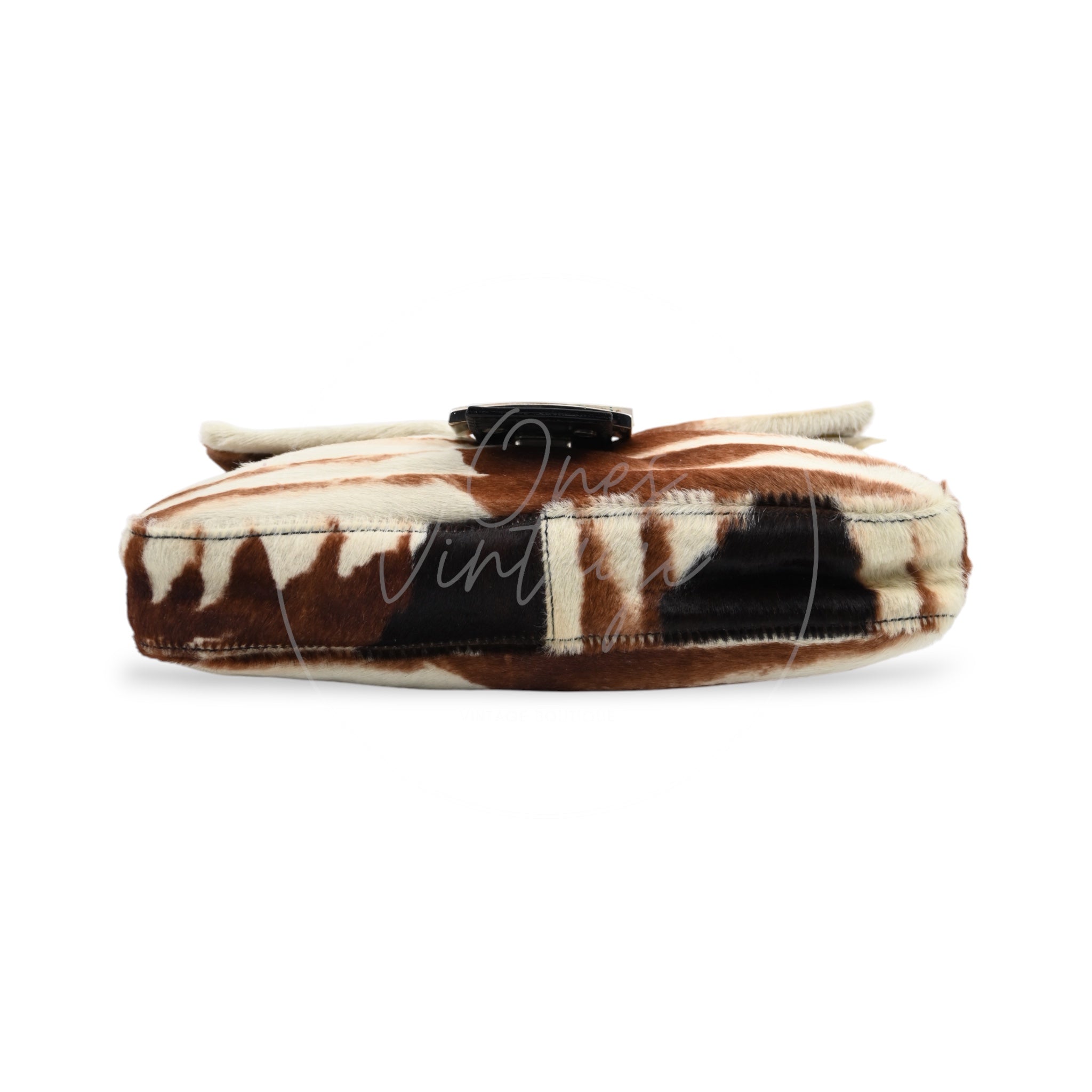Fendi Animal Print Pony Hair Baguette Bag PHW Brown White