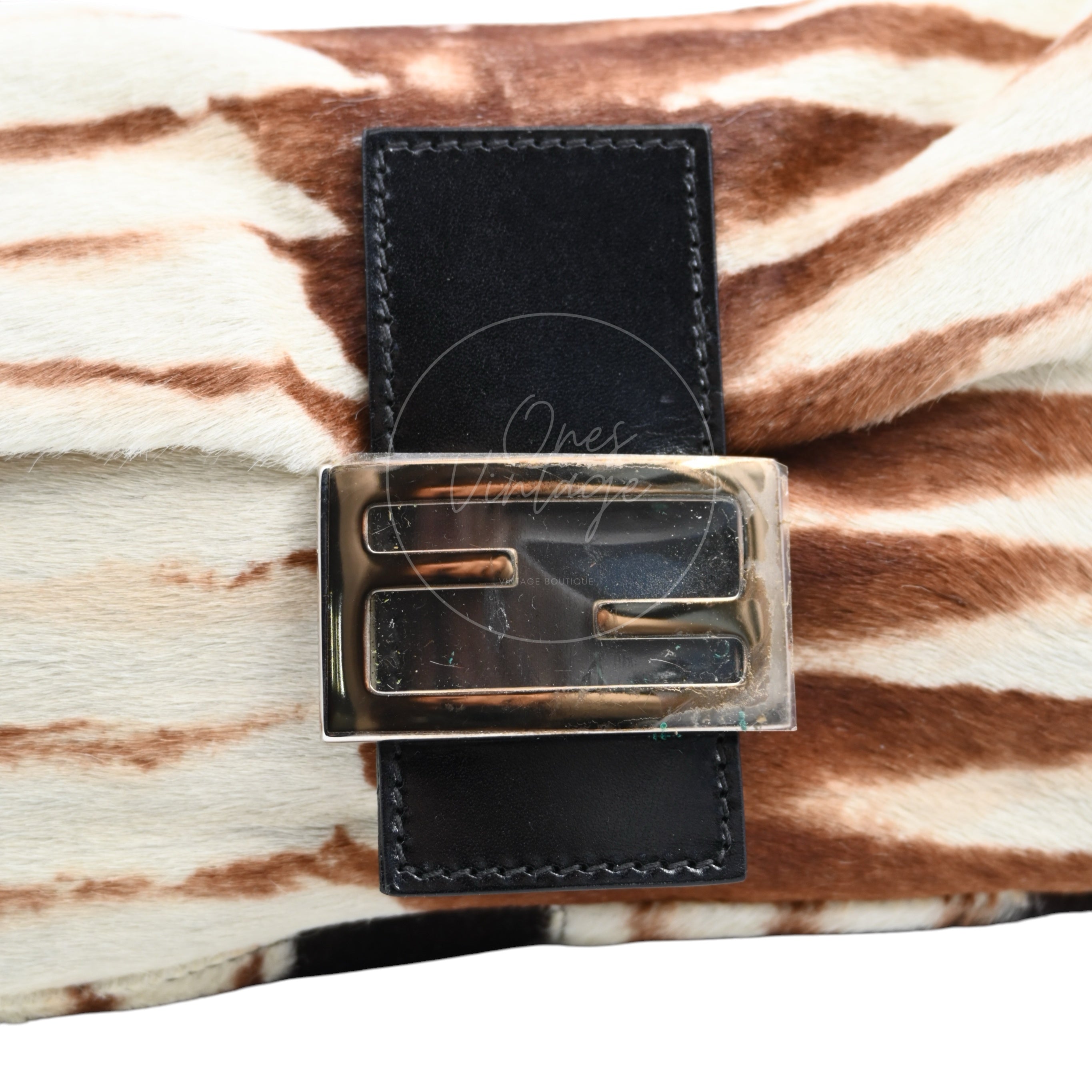 Fendi Animal Print Pony Hair Baguette Bag PHW Brown White