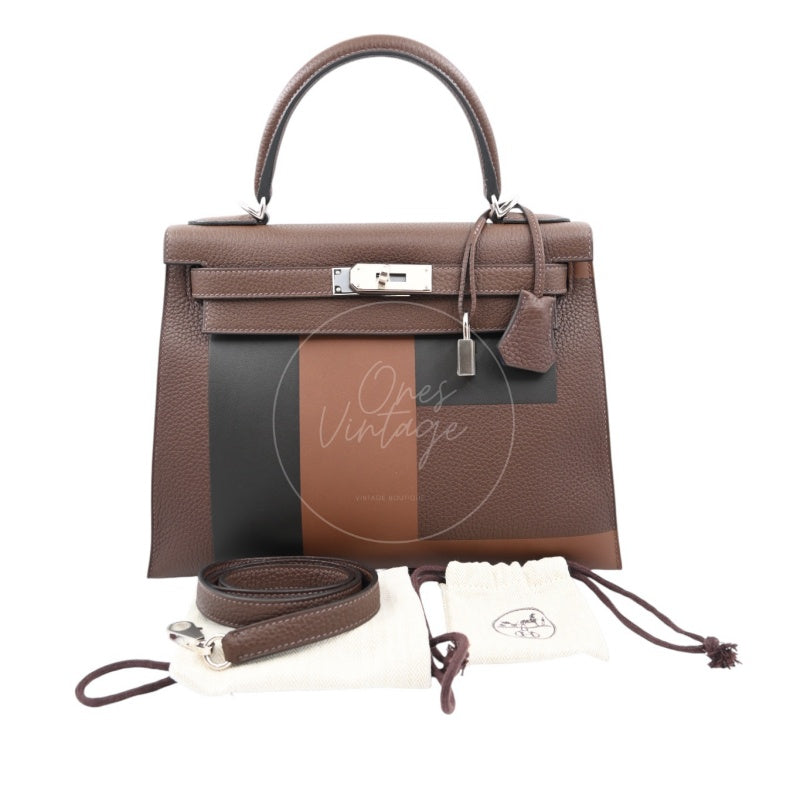 Hermes Kelly 28 PHW Vert Bronze and Brulée Sombrero Stamp D