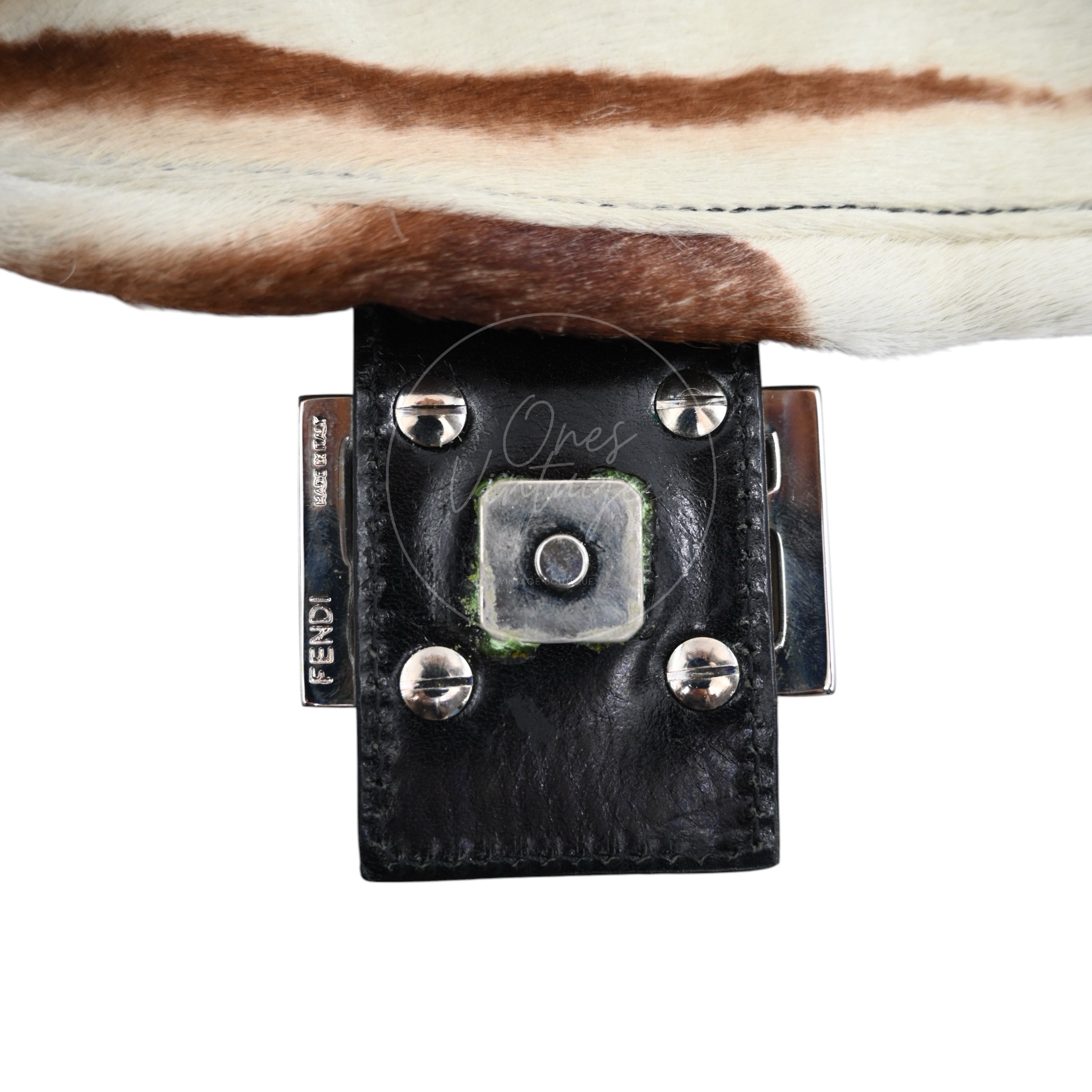 Fendi Animal Print Pony Hair Baguette Bag PHW Brown White
