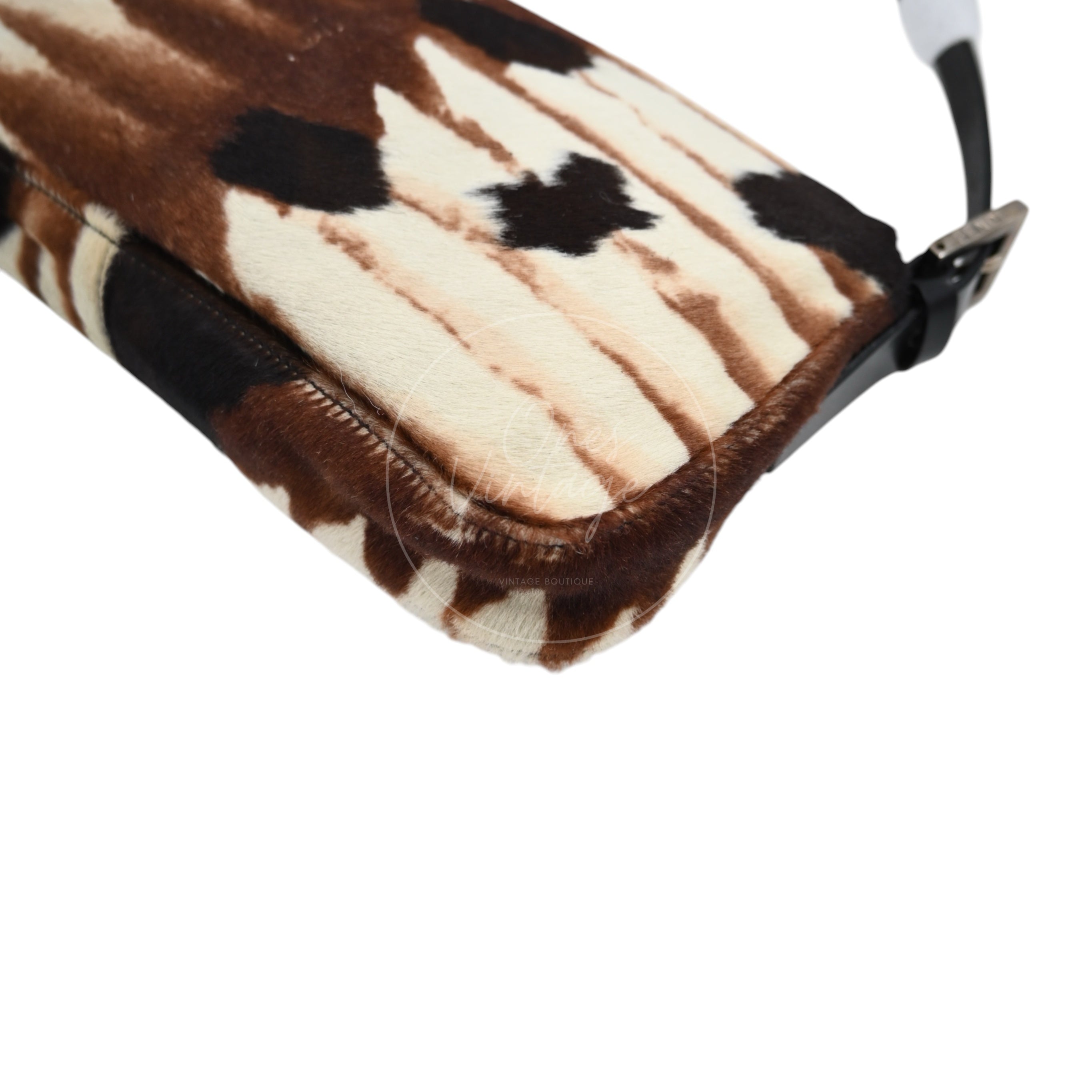 Fendi Animal Print Pony Hair Baguette Bag PHW Brown White