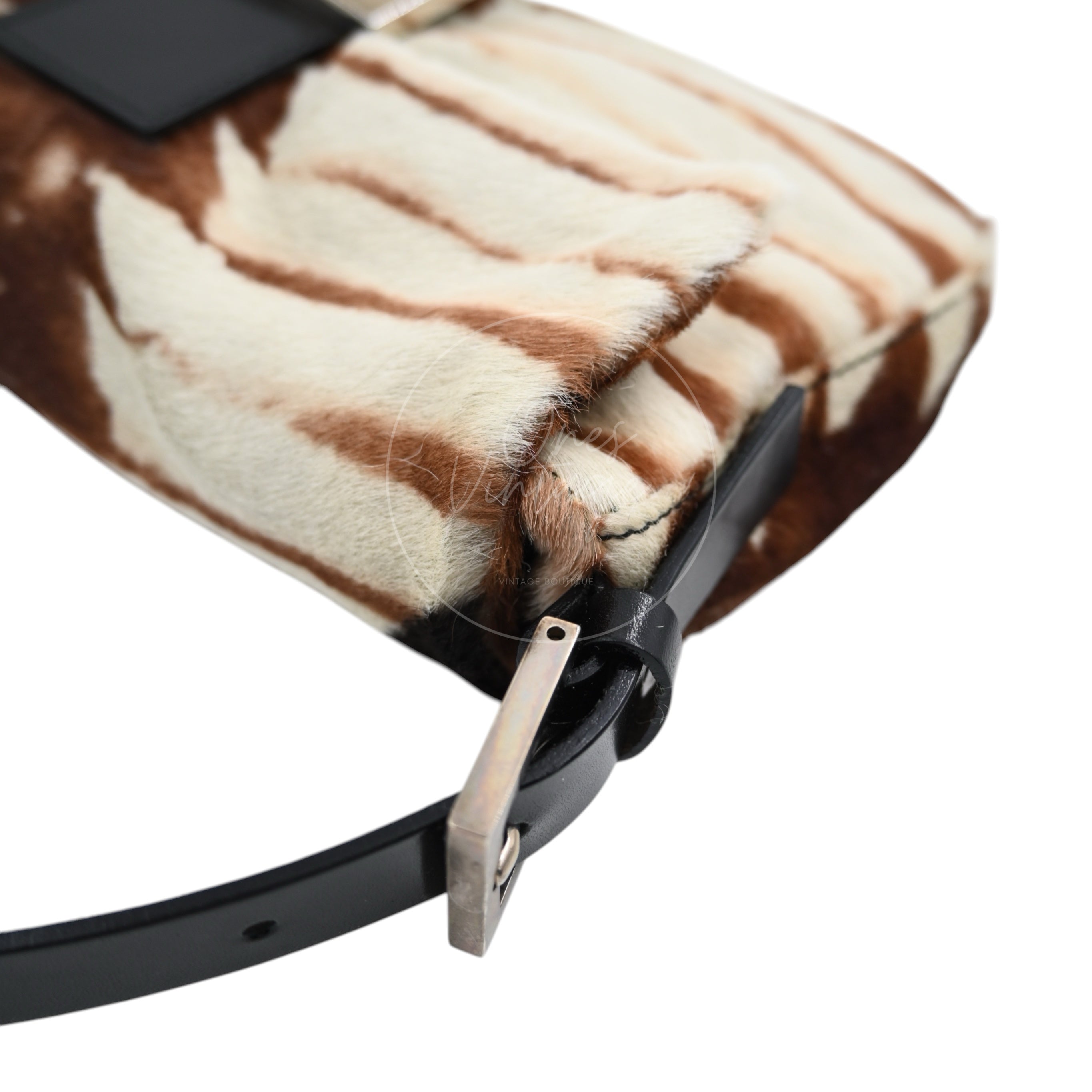 Fendi Animal Print Pony Hair Baguette Bag PHW Brown White