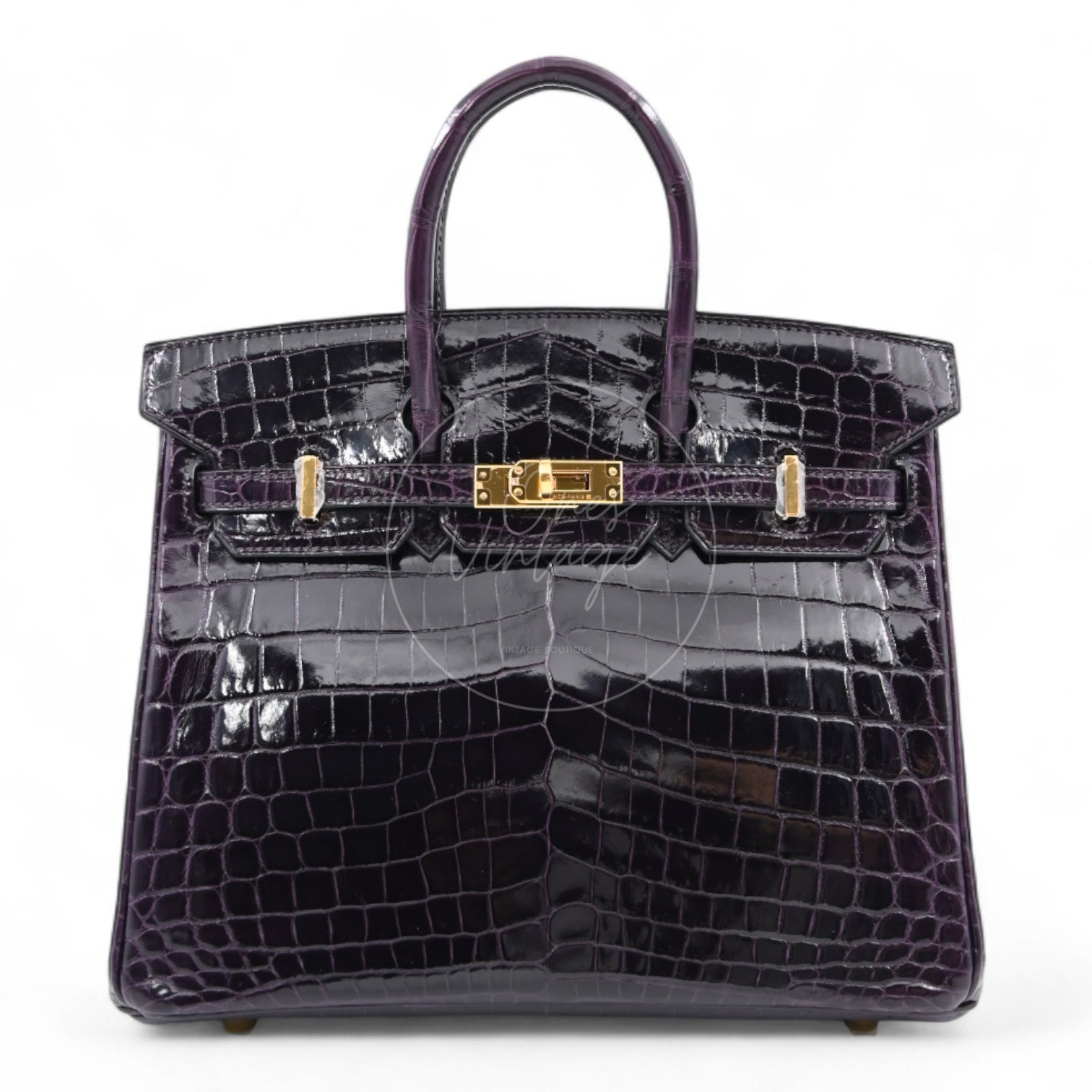 Hermes Birkin 25 Shiny Niloticus Crocodile Bag GHW Dark Purple Stamp T