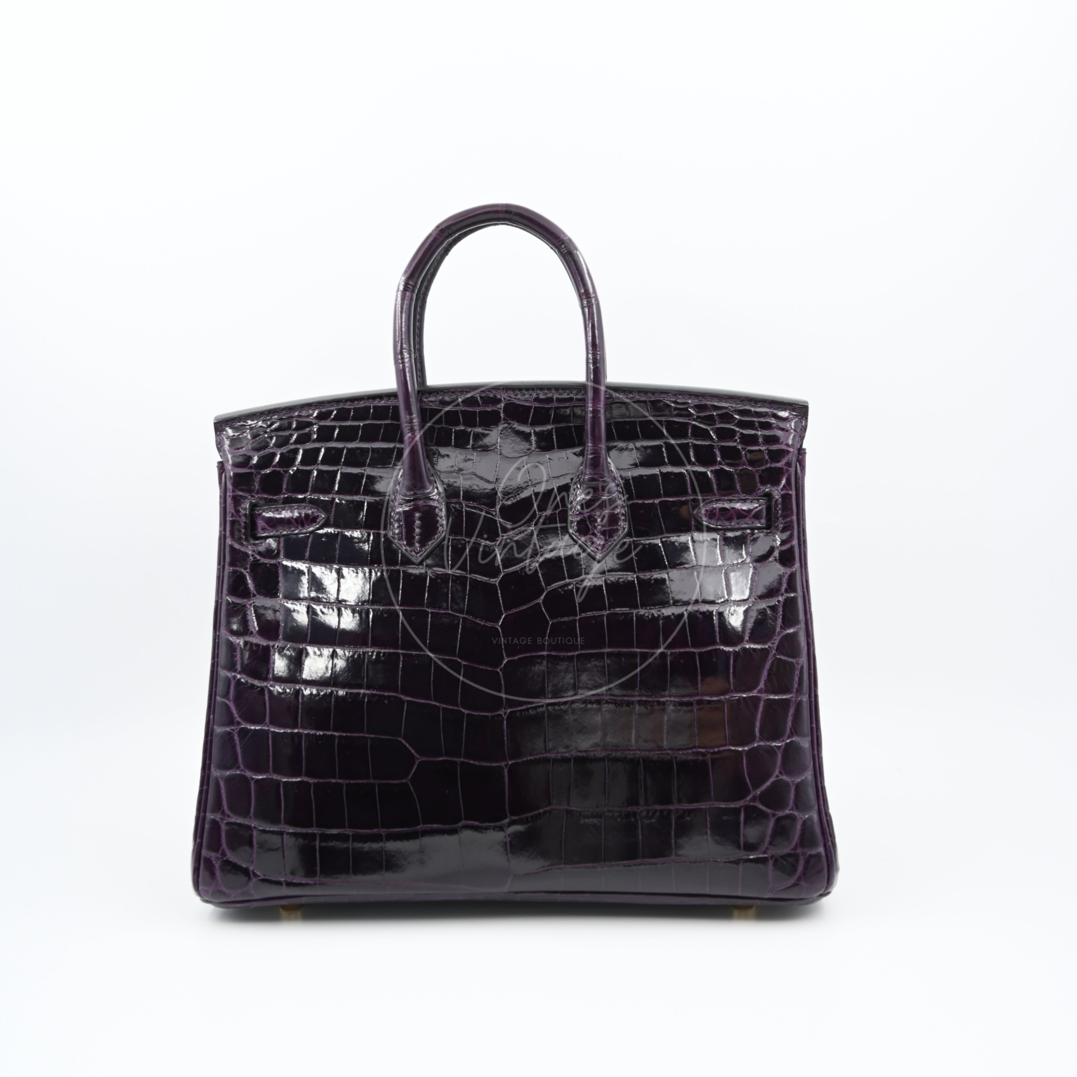 Hermes Birkin 25 Shiny Niloticus Crocodile Bag GHW Dark Purple Stamp T