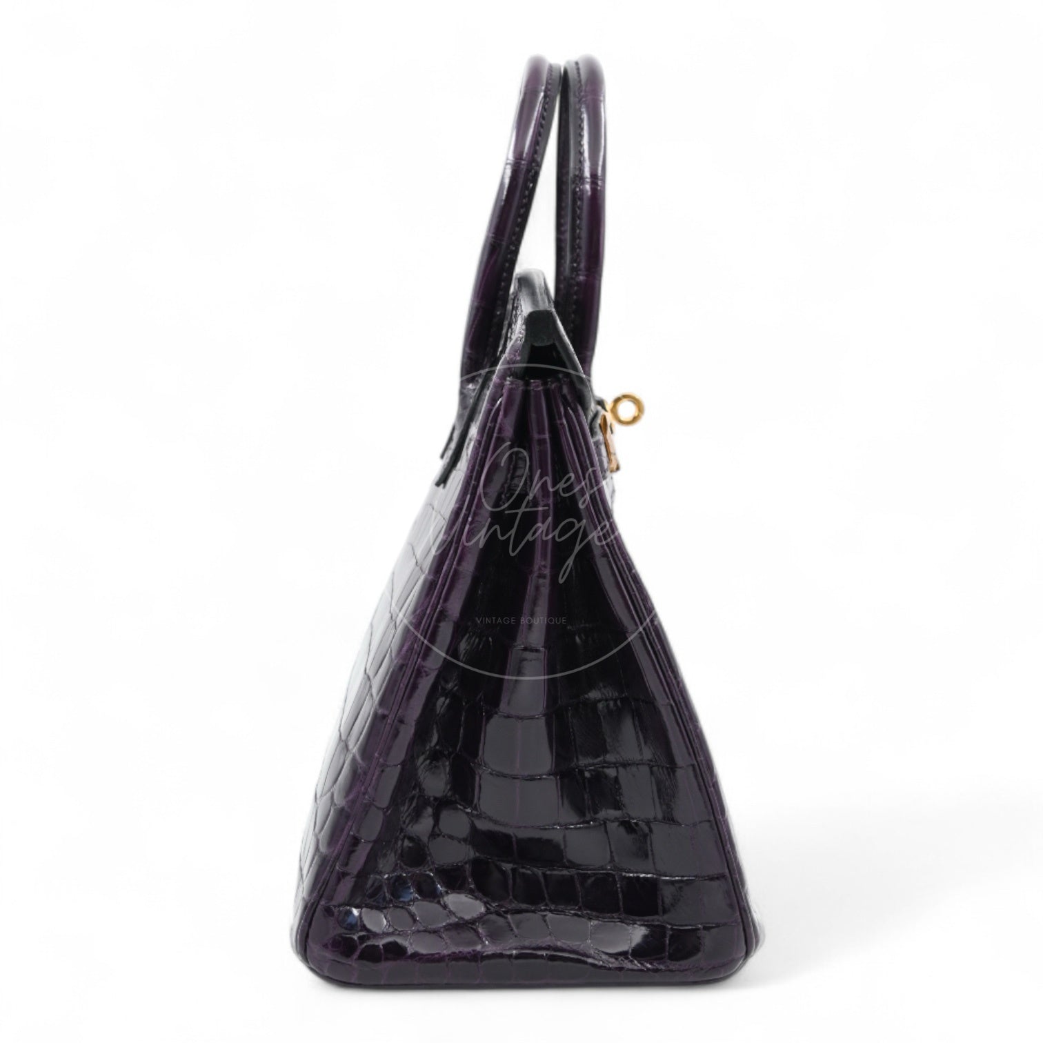 Hermes Birkin 25 Shiny Niloticus Crocodile Bag GHW Dark Purple Stamp T