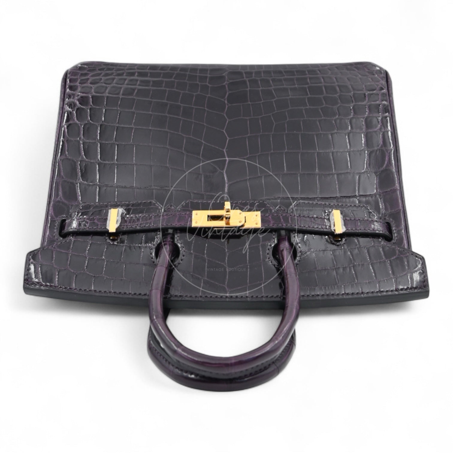Hermes Birkin 25 Shiny Niloticus Crocodile Bag GHW Dark Purple Stamp T
