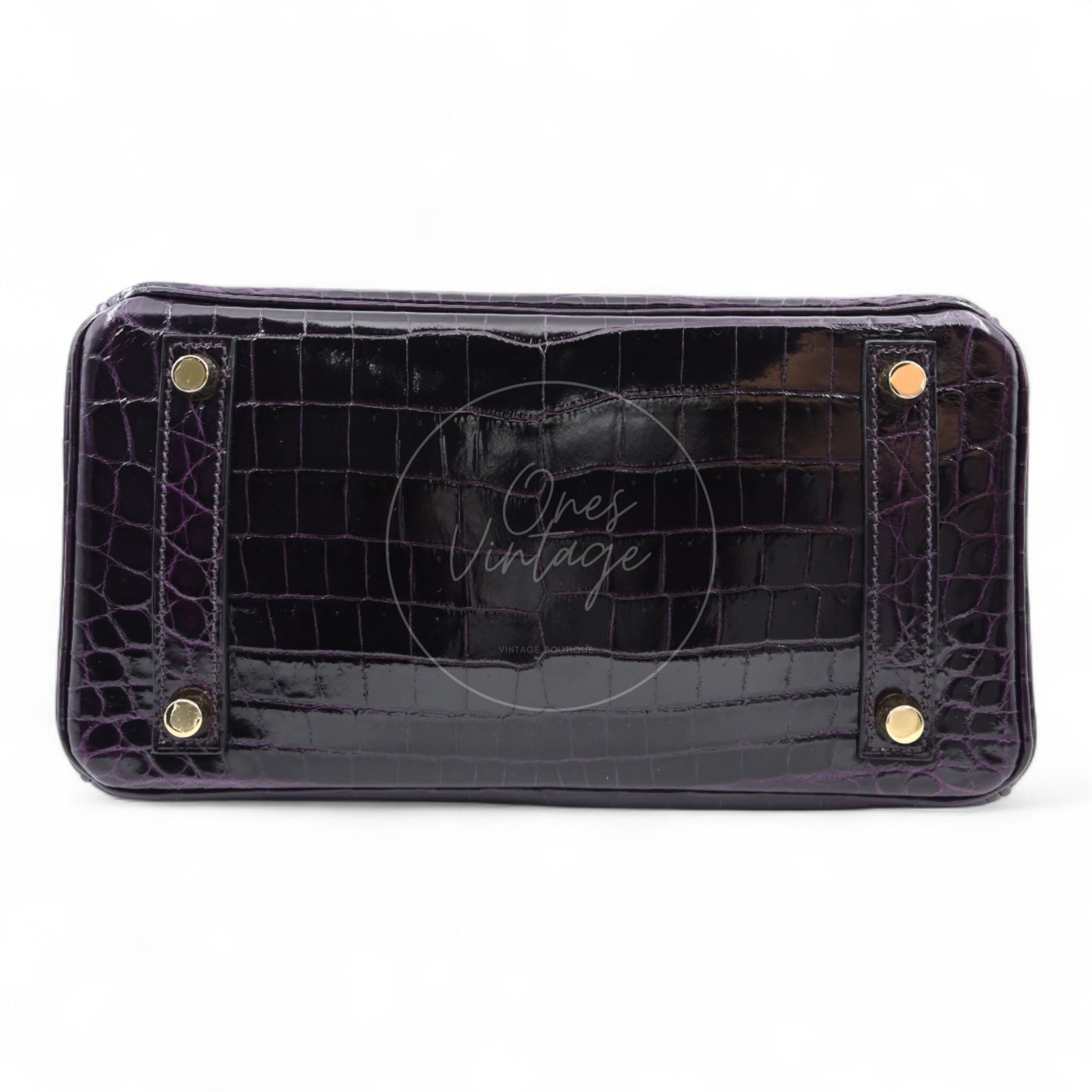 Hermes Birkin 25 Shiny Niloticus Crocodile Bag GHW Dark Purple Stamp T