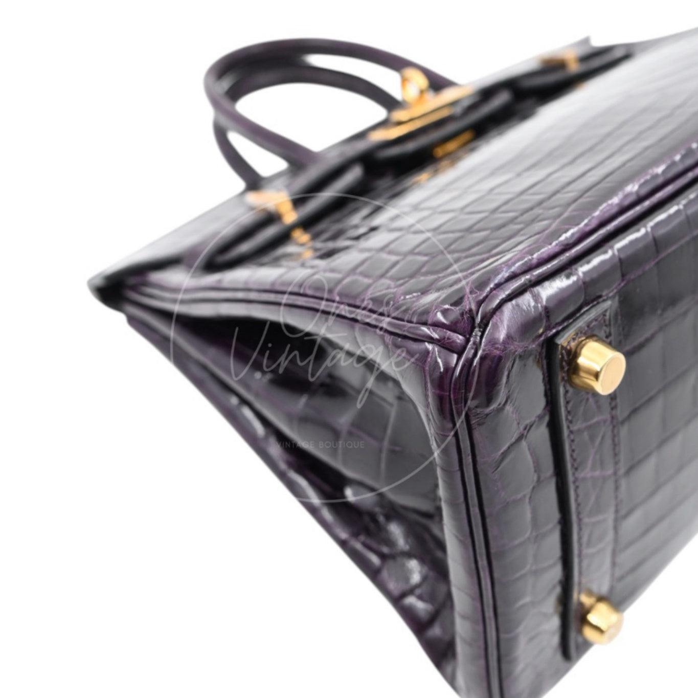 Hermes Birkin 25 Shiny Niloticus Crocodile Bag GHW Dark Purple Stamp T