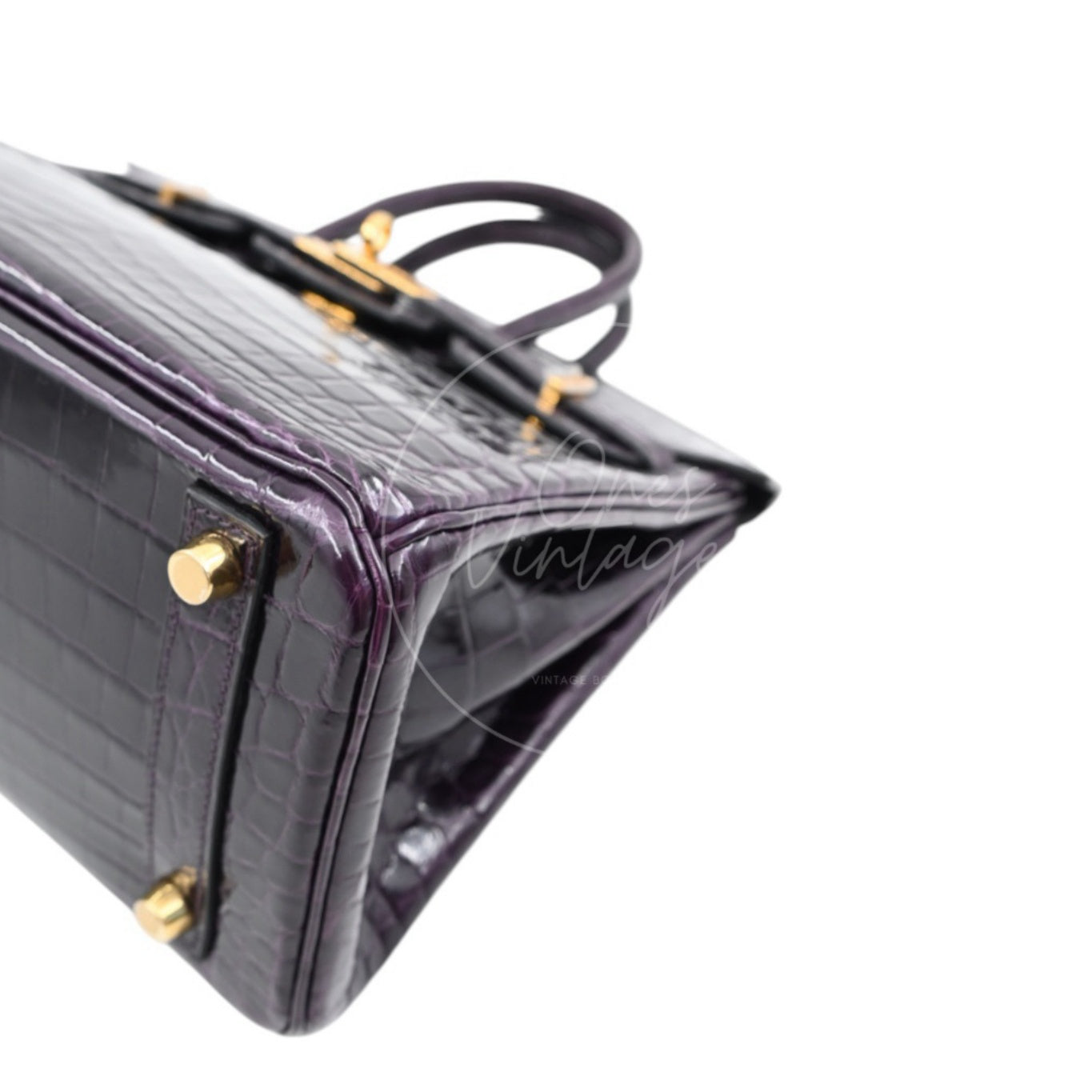 Hermes Birkin 25 Shiny Niloticus Crocodile Bag GHW Dark Purple Stamp T