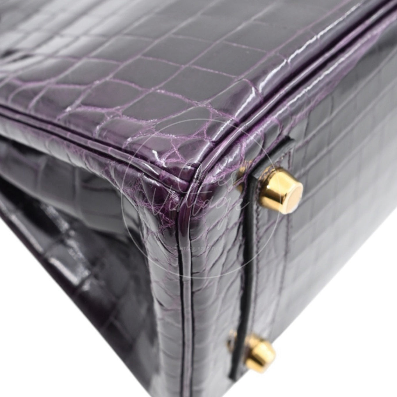 Hermes Birkin 25 Shiny Niloticus Crocodile Bag GHW Dark Purple Stamp T