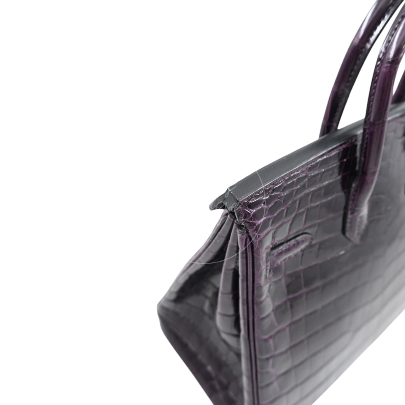 Hermes Birkin 25 Shiny Niloticus Crocodile Bag GHW Dark Purple Stamp T
