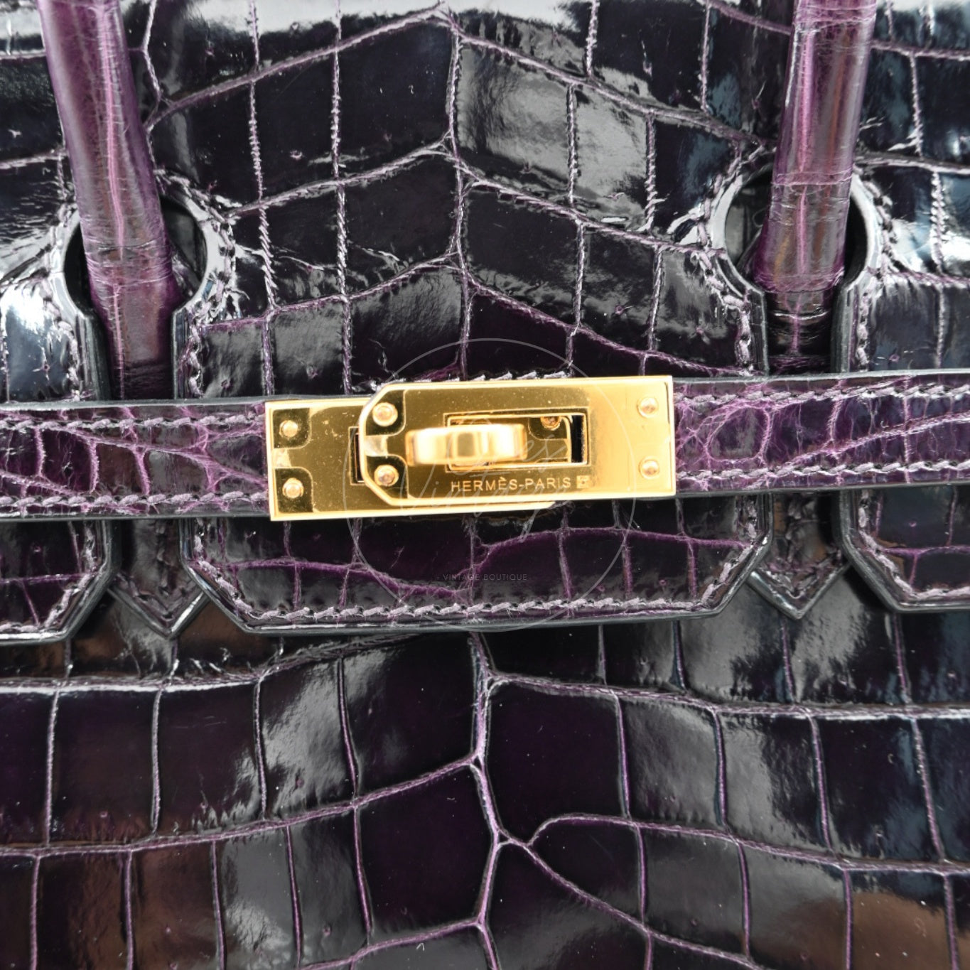 Hermes Birkin 25 Shiny Niloticus Crocodile Bag GHW Dark Purple Stamp T