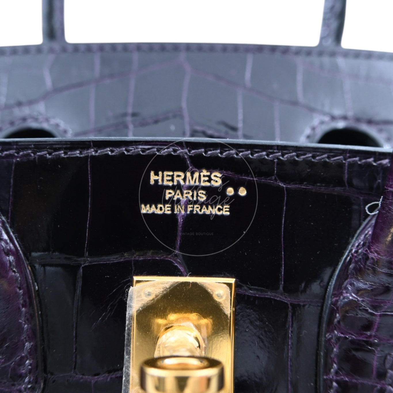 Hermes Birkin 25 Shiny Niloticus Crocodile Bag GHW Dark Purple Stamp T