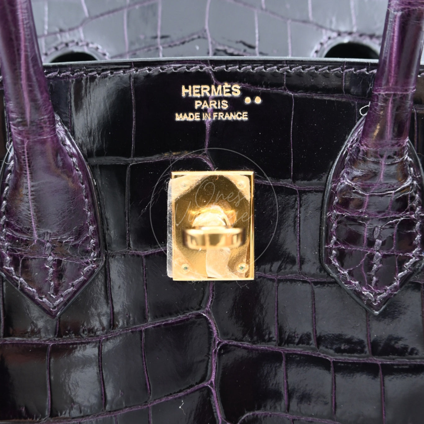 Hermes Birkin 25 Shiny Niloticus Crocodile Bag GHW Dark Purple Stamp T