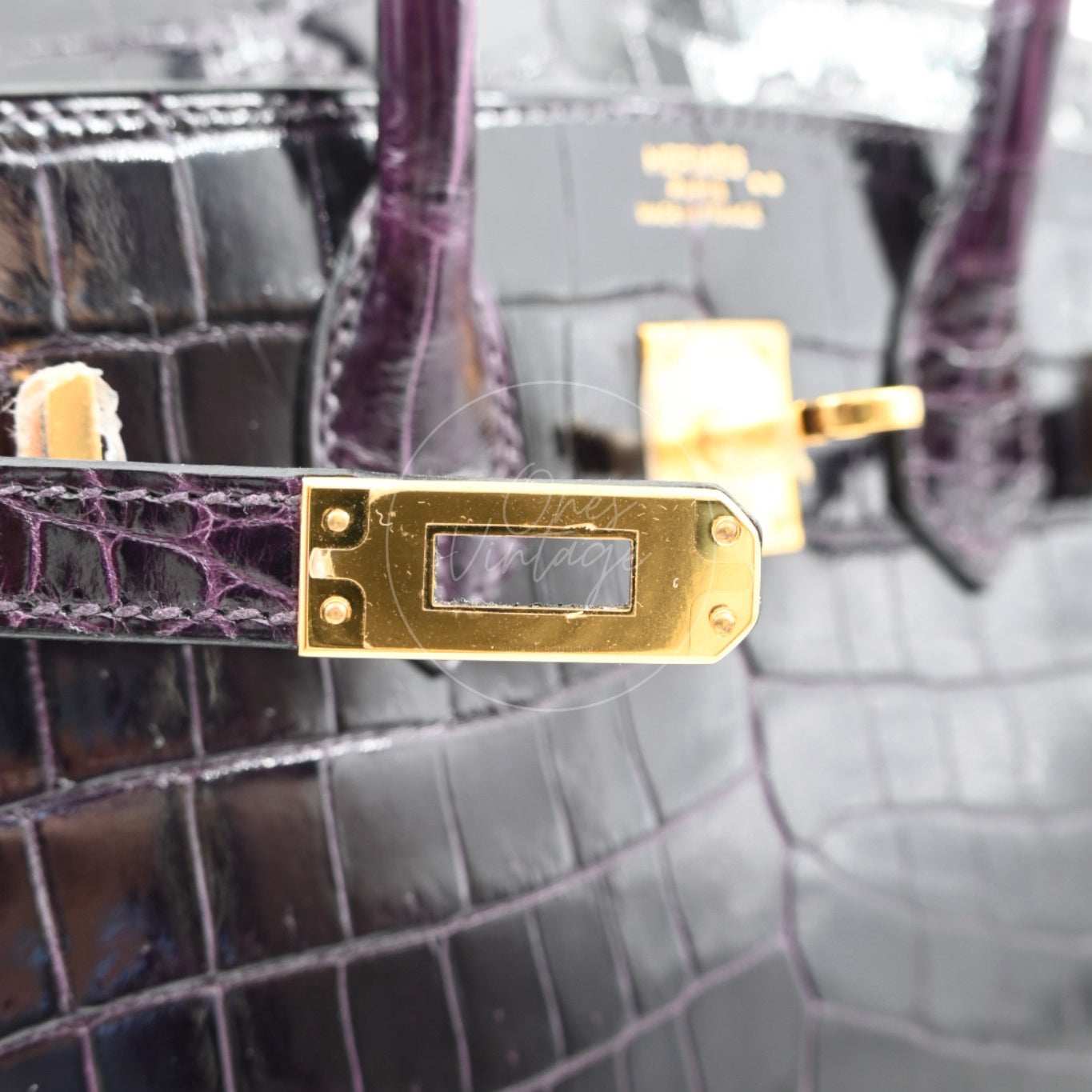 Hermes Birkin 25 Shiny Niloticus Crocodile Bag GHW Dark Purple Stamp T