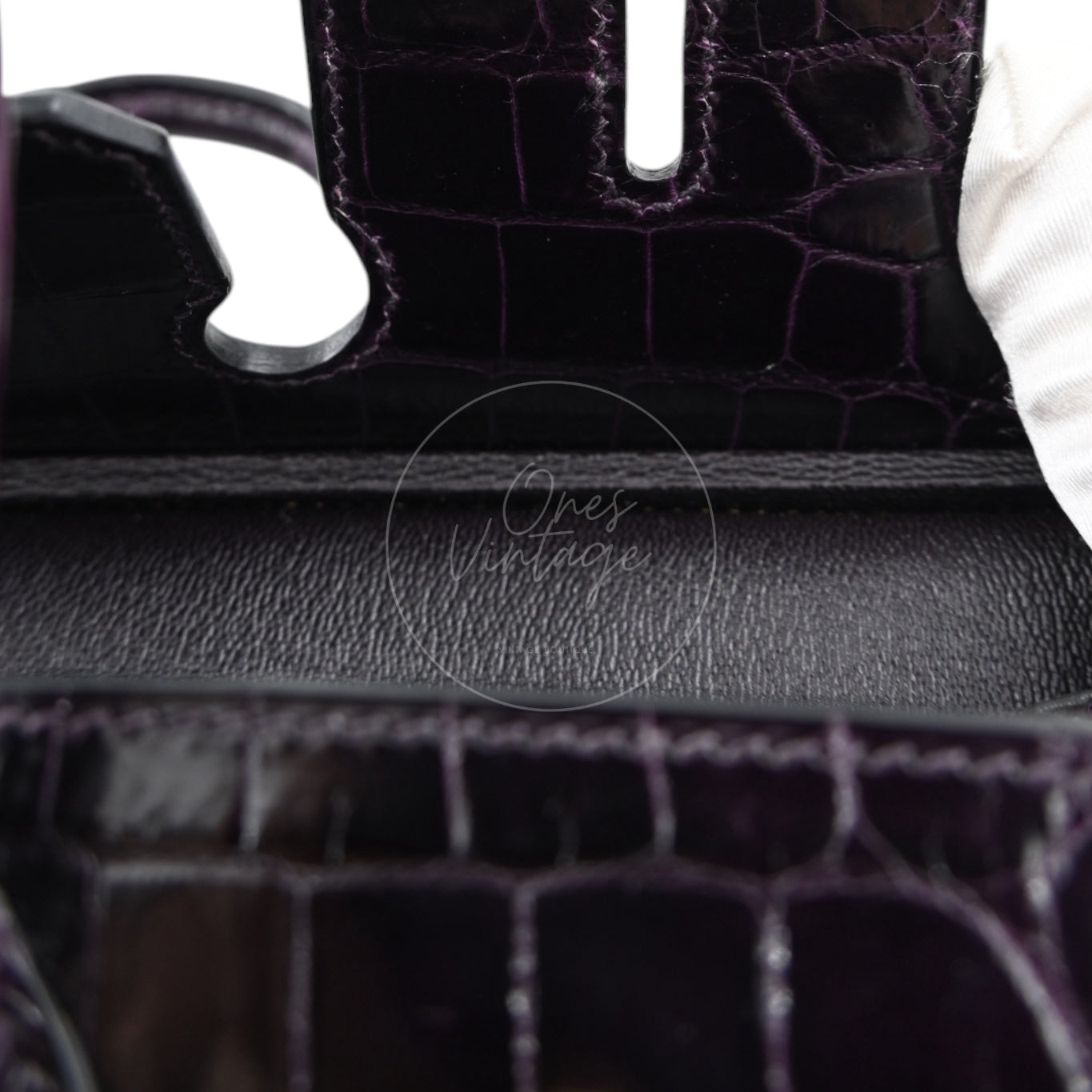 Hermes Birkin 25 Shiny Niloticus Crocodile Bag GHW Dark Purple Stamp T