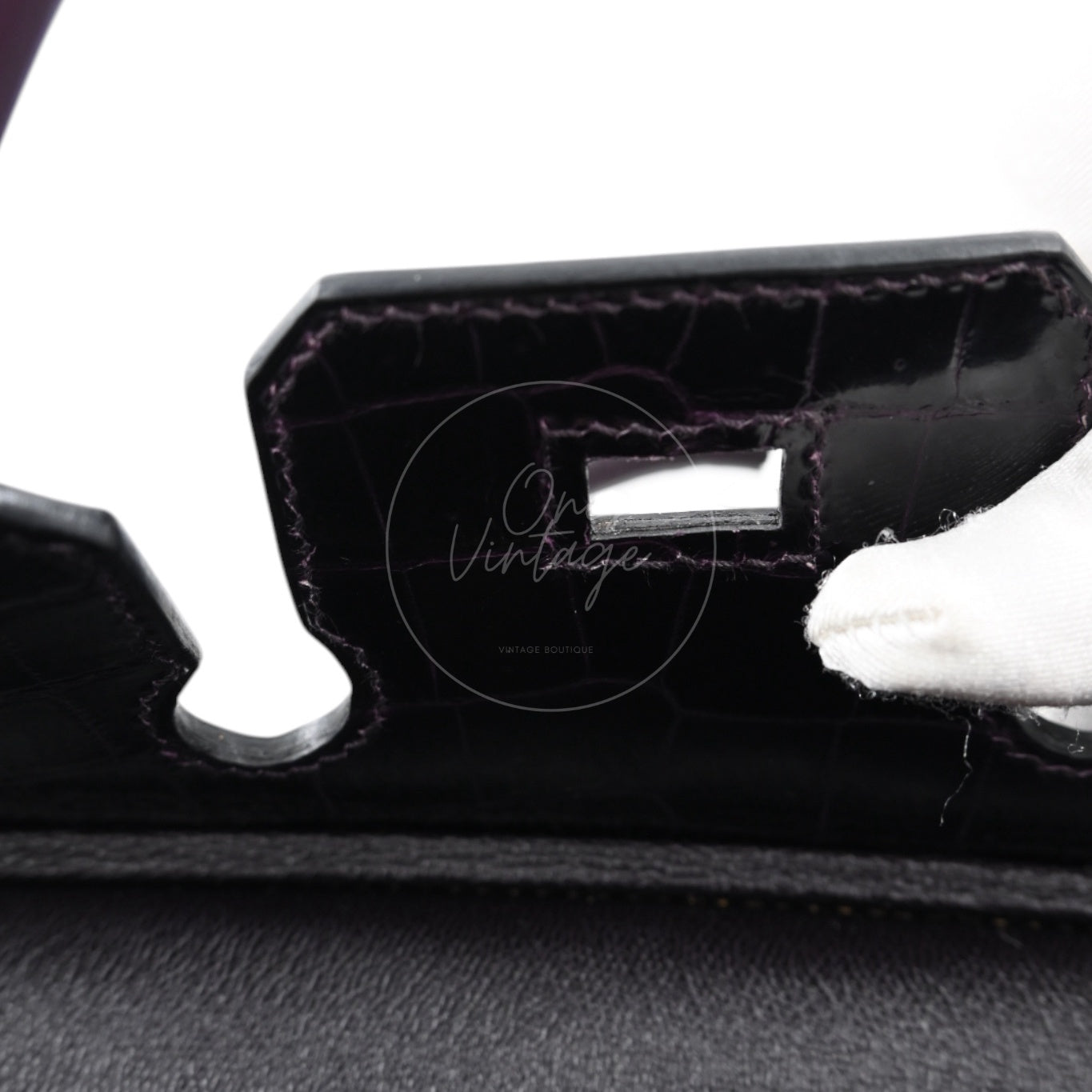 Hermes Birkin 25 Shiny Niloticus Crocodile Bag GHW Dark Purple Stamp T
