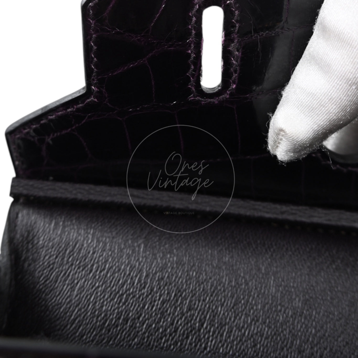 Hermes Birkin 25 Shiny Niloticus Crocodile Bag GHW Dark Purple Stamp T